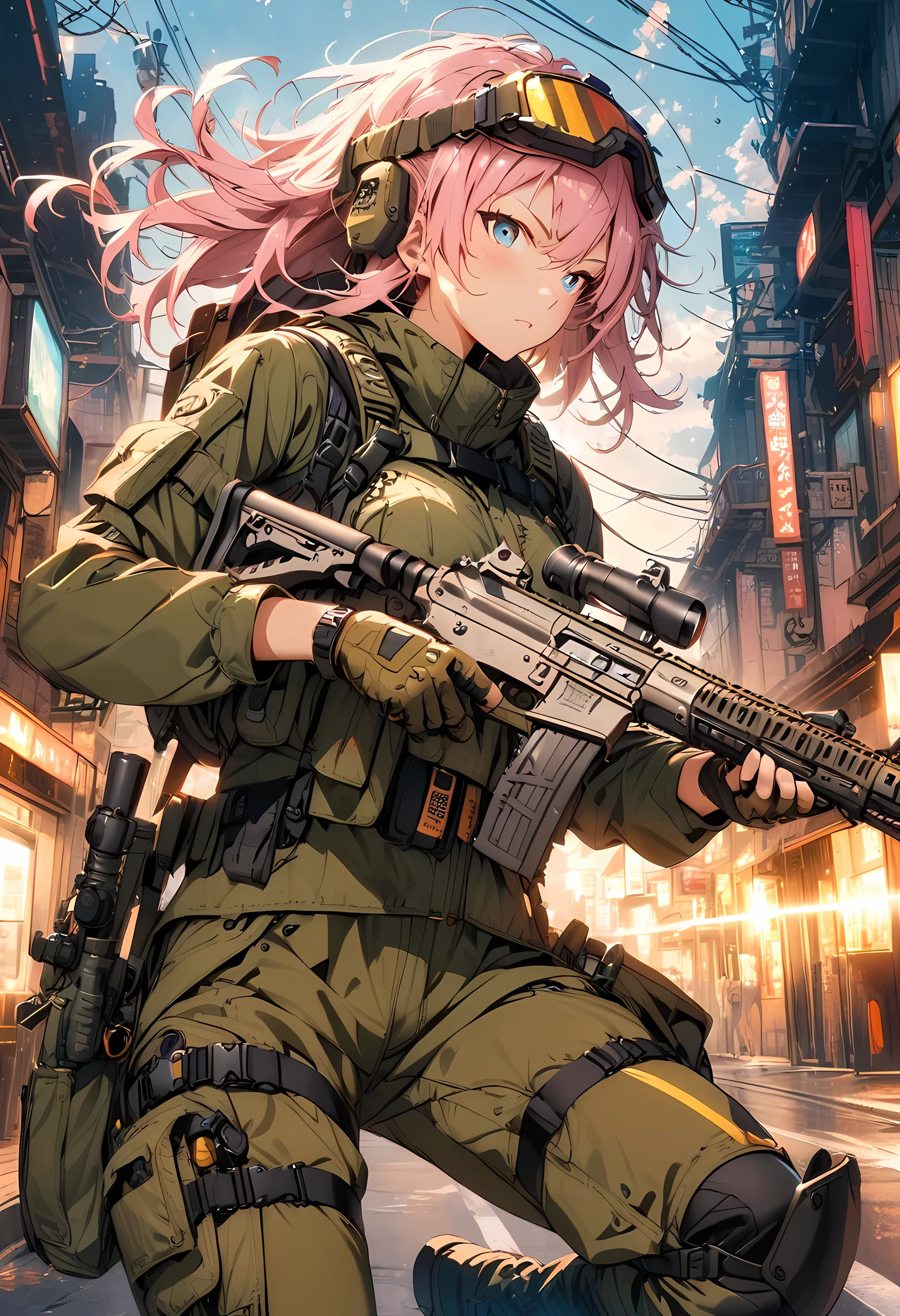 metal gear solid style, (detailed intricate full cover tactical helmet:1.3), (pink hair), cowboy shooting, dynamic poses, 1 girl, alone, Ray tracing, (masterpiece), (best quality), (detailed), (detailed tactical gear:1.1), (body protective equipment:1.1), combat pants, Gloves, (intricate background:1.1), 