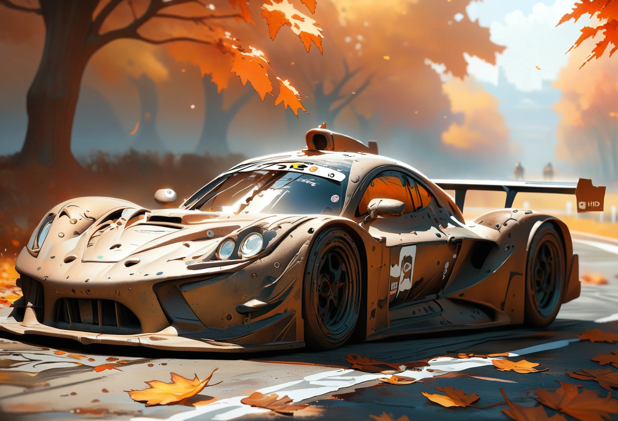a racing car, bronze skin, miniature, bronzecd_xl, autumn, CGSociety, ArtStation, master works, 8K, HDR, UHD, masterpiece, best quality