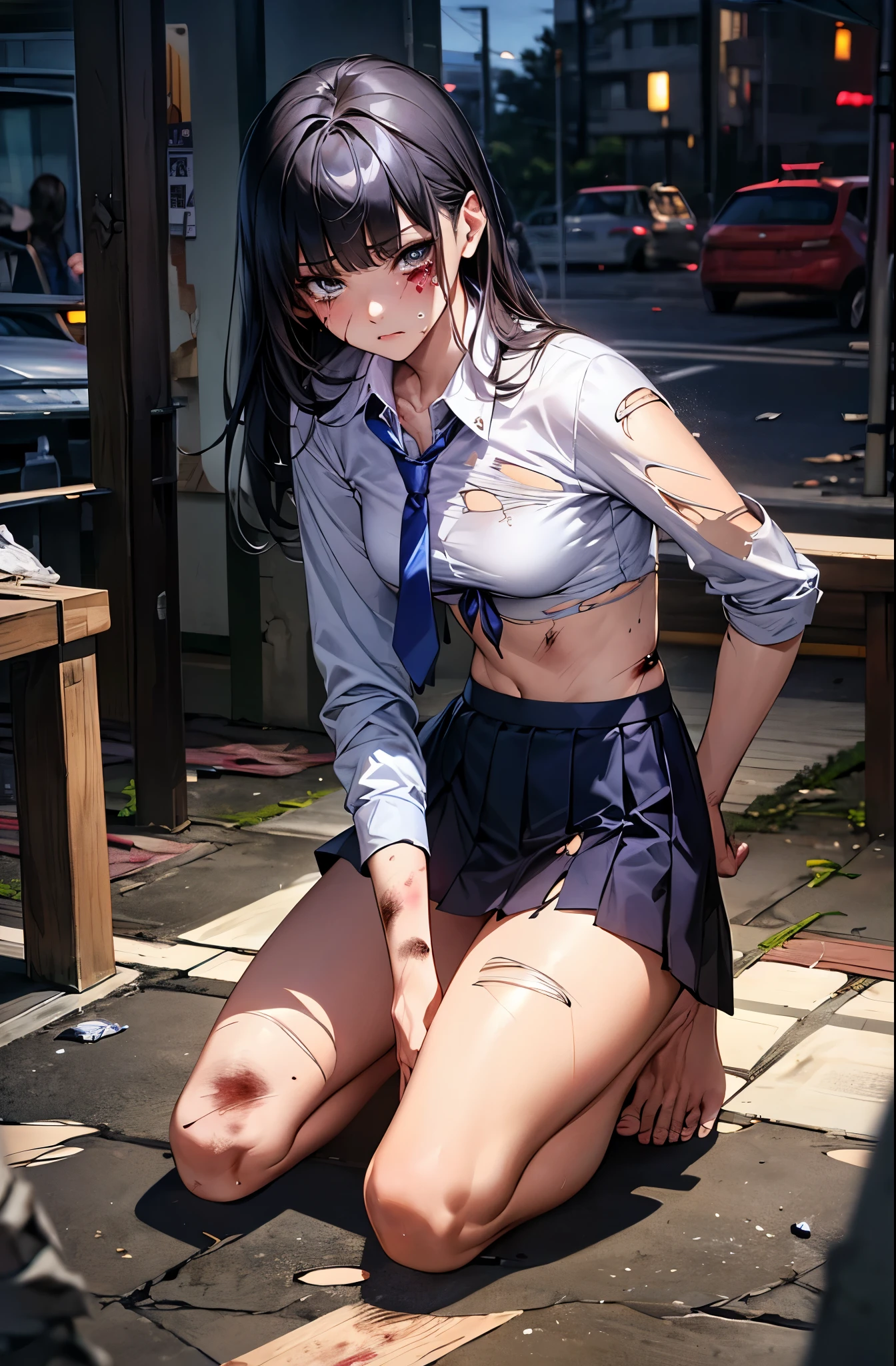 ((perfect anatomy:1.5,realistic,:1.3,RAW Photography:1.3,masterpiece、highest quality、Ultra - High resolution、High resolution、Highly detailed CG、8K)),(view from adove:1.3),1 female,solo,20-year-old,beauty of japan,beautiful detailed face and eyes,big and gorgeous eyes,gray eyes,(black hair,long hair,blunt bangs), (slender body,small head:1.4, skinny,medium breasts), glowing skin,oily skin,kneeling,looking up at viewer,((injury,torn clothes:1.4,Beaten bruises:1.5)),((white shirt with collar、long sleeve、navy blue tie、navy pleated mini skirt、barefoot)),outdoor、collapsed building、Tokyo、at night、