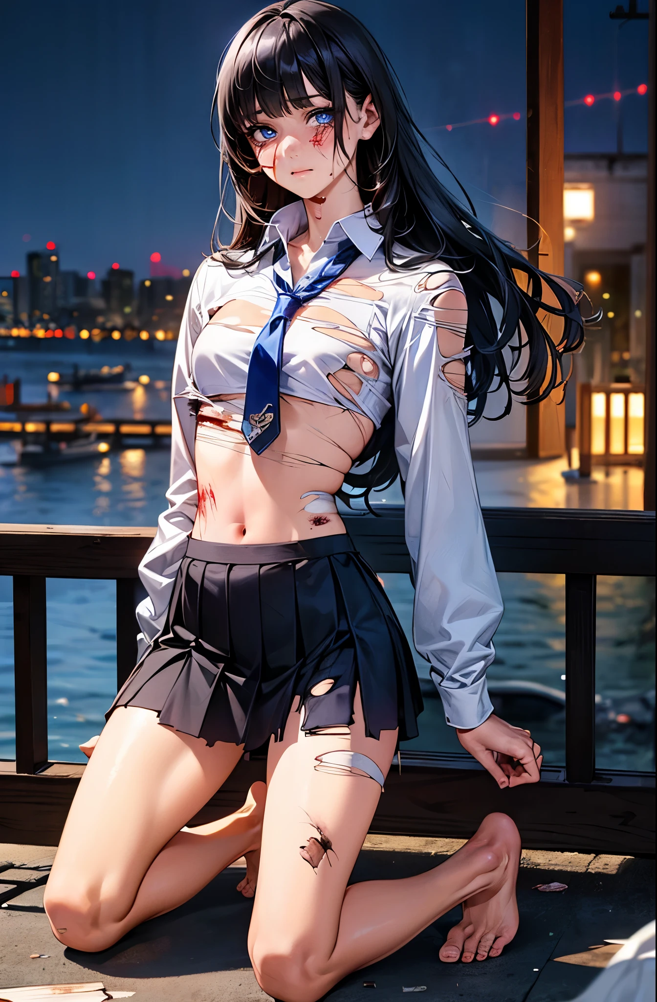 ((perfect anatomy:1.5,realistic,:1.3,RAW Photography:1.3,masterpiece、highest quality、Ultra - High resolution、High resolution、Highly detailed CG、8K)),(view from adove:1.3),1 female,solo,20-year-old,beauty of japan,beautiful detailed face and eyes,big and gorgeous eyes,gray eyes,(black hair,long hair,blunt bangs), (slender body,small head:1.4, skinny,medium breasts), glowing skin,oily skin,kneeling,looking up at viewer,((injury,torn clothes:1.4,Beaten bruises:1.5)),((white shirt with collar、long sleeve、navy blue tie、navy pleated mini skirt、barefoot)),outdoor、collapsed building、Tokyo、at night、