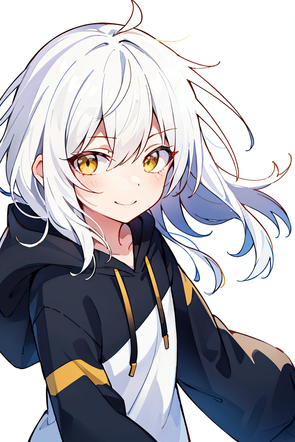 (high-quality, breathtaking),(expressive eyes, perfect face), 1girl, girl, solo, short, young girl, long white hair, yellow eyes, smile, black hoodie, white background , jump