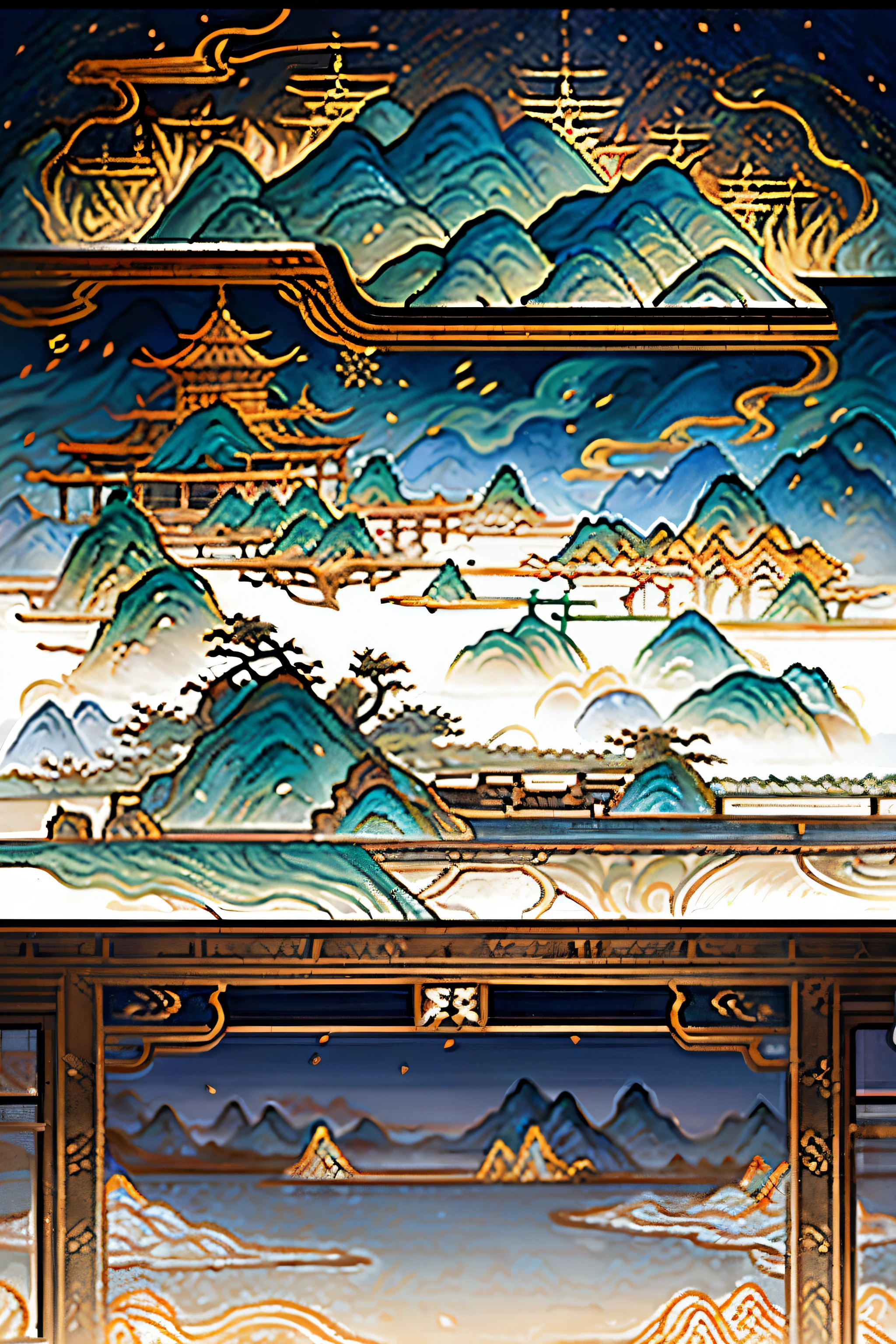 a chinese painting, Chinese background, Mountain, river, Xiangyun, exhibition hall, Sunlight, masterpiece, Super details, epic work, ultra high definition, high quality, Very detailed, official art, unified 8k wallpaper, Super details, 32k -- v 6