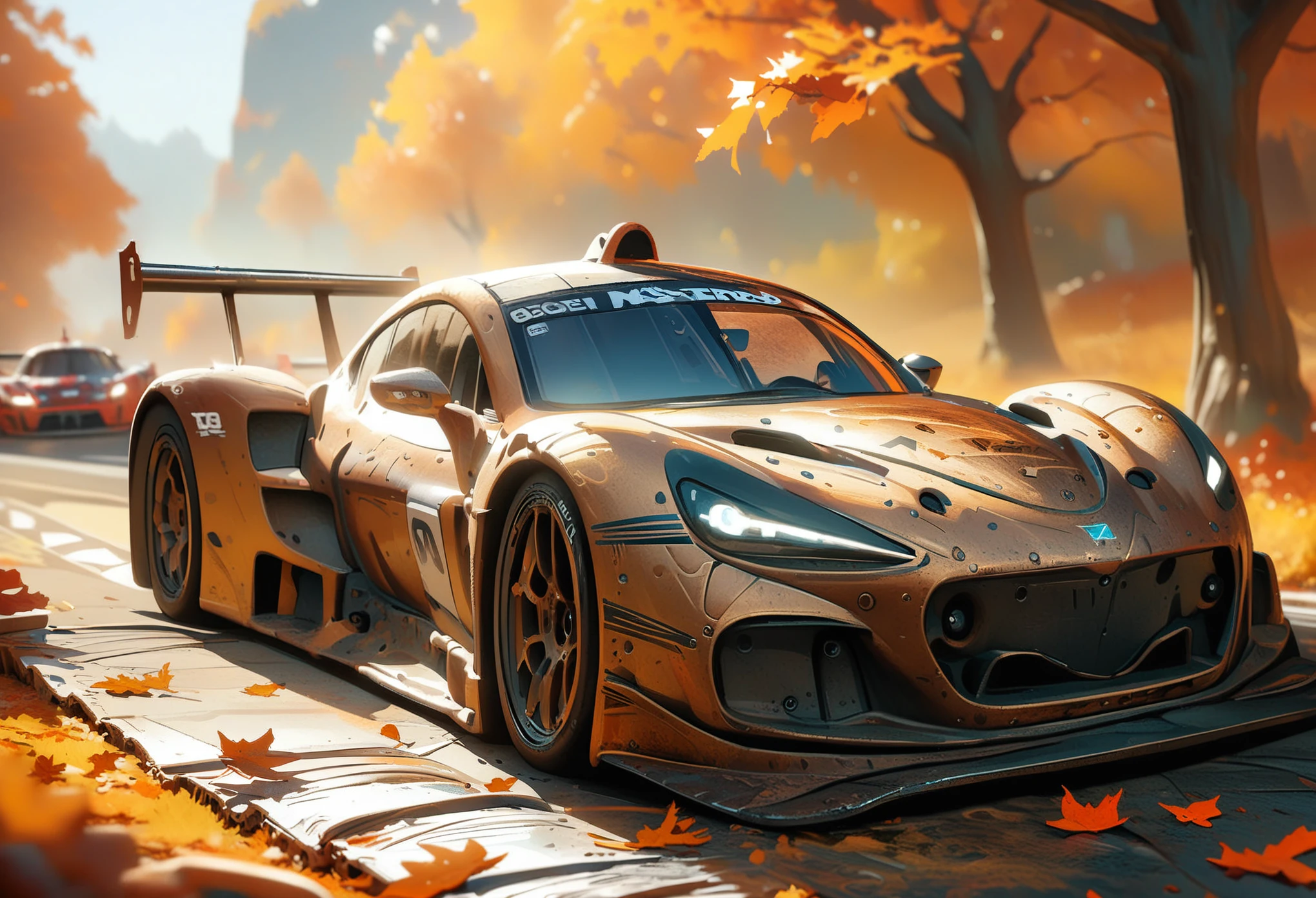 a racing car, bronze skin, miniature, bronzecd_xl, autumn, CGSociety, ArtStation, master works, 8K, HDR, UHD, masterpiece, best quality
