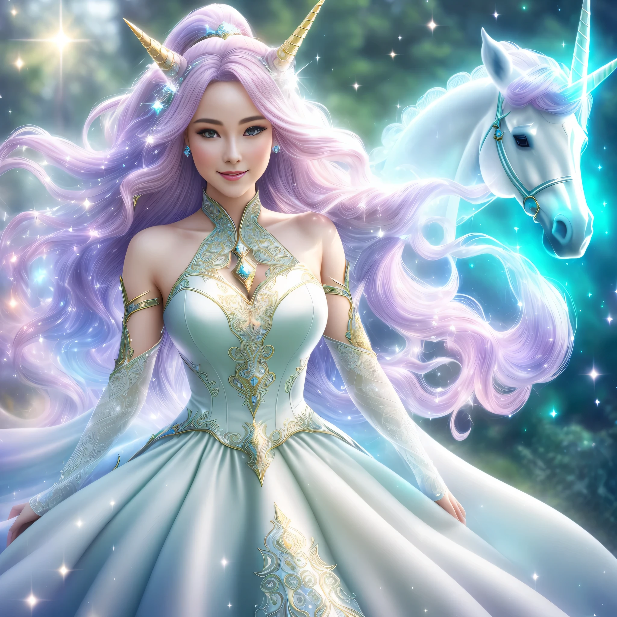 Enter a world of enchantment as you behold the captivating image of a flower princess and her majestic unicorn companion. The princess, adorned in a gown woven from petals, emanates an ethereal beauty that mirrors the blossoms surrounding her. Her stunning face is highly detailed and incredibly unique, with high cheekbones, puffy lips, and a big mouth. Big, bright eyes adorn her face, their exquisite details and realistic shading demanding attention. The unicorn, with a coat as radiant as moonlight, stands faithfully by her side, their bond unbreakable. The unicorn has realistic details. Together, they create a harmonious scene of grace and wonder, where the magic of nature and the mystical presence of unicorns converge. Immerse yourself in this breathtaking artwork, where the delicate elegance of a flower princess and the magnificence of a unicorn unite, inviting you to explore a realm where fantasy and nature intertwine in a captivating dance. Include iridescent, phantasmal iridescence. Camera: utilize dynamic composition to enhance fantasy elements. (masterpiece:1.1), (best quality:1.1), (anatomically correct:1.1), (perfect arms:1.1), ((detailed face:1.3)), (detailed skin), (perfect eyes), (perfect nose), (realistic), octane render, sharp focus,(8k), (4k), (Masterpiece), (Best Quality), ((huge lips:1.3)), ((ornate))
