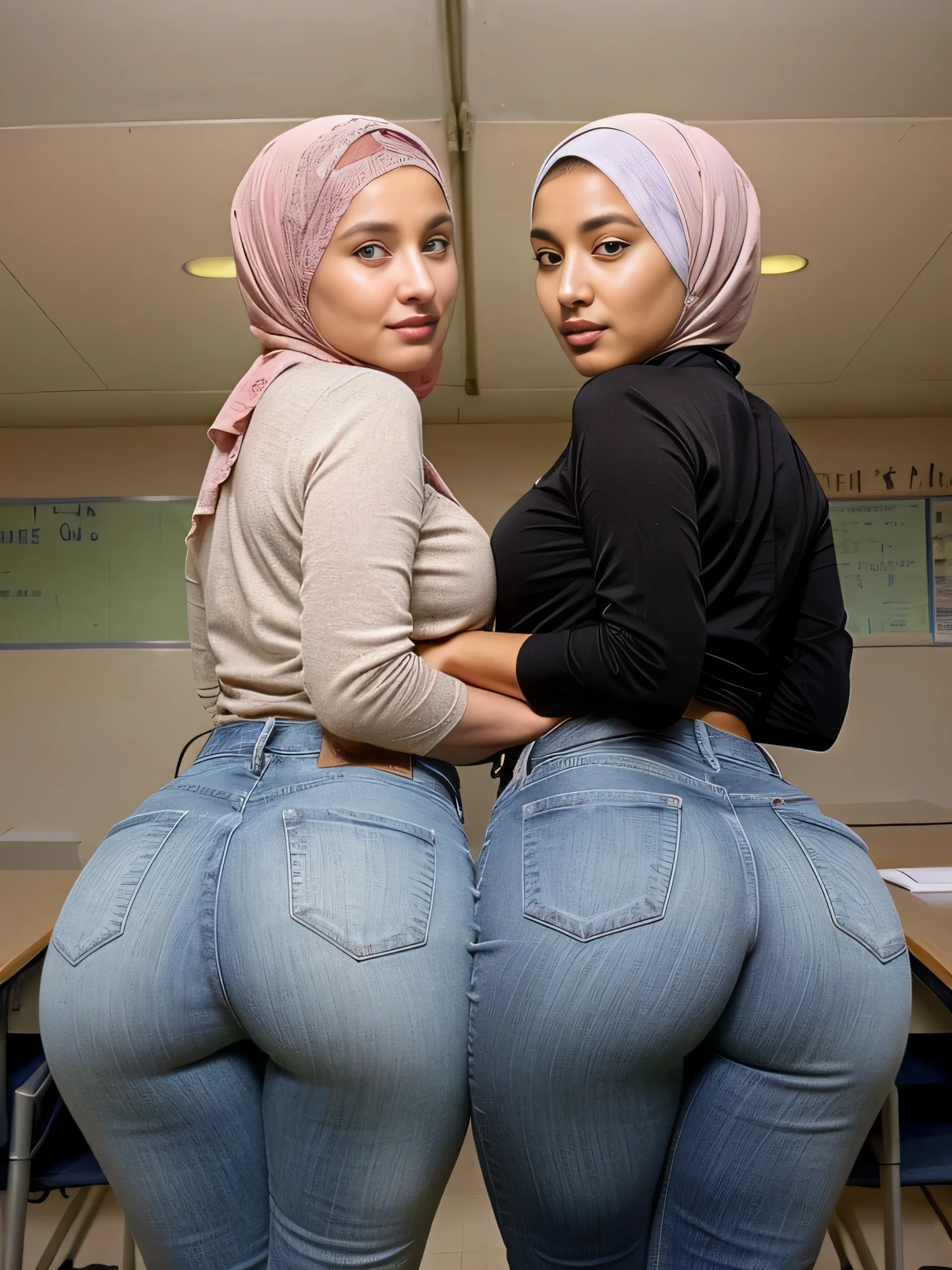 view from behind, ((view from above)), In an empty and hushed classroom, two young (hijabis) huge breasts hourglass figures hijabi muslim students stood side by side hugging presenting their ass to viewer, their youthful energy and camaraderie evident in their stance. Both students were comfortably in fitted long jeans, and matching (lace hijabs) body figure ready for whatever the day would bring. Their bare ass revealed their toned arms, showcasing their strength and determination. The vibrant colors of their hijabs added a cheerful touch to the otherwise quiet classroom, reflecting their vibrant personalities. The students' long jeans hugged their legs, accentuating their youthful grace and agility. Their matching hijabs, completed their sensual yet put-together look.,gluteal, skin texture, ultra high res, RAW, instagram LUT, masterpiece, best quality, ultra-detailed, ultra high resolution, best shadow, RAW, 4k, red lips, (looking at viewer), ((extremely detailed eyes and face)), ((beautiful detailed nose)), ((beautiful detailed thigh)), ((beautiful detailed eyes)),  perfect body proportion, they are hugging, (bare ass)