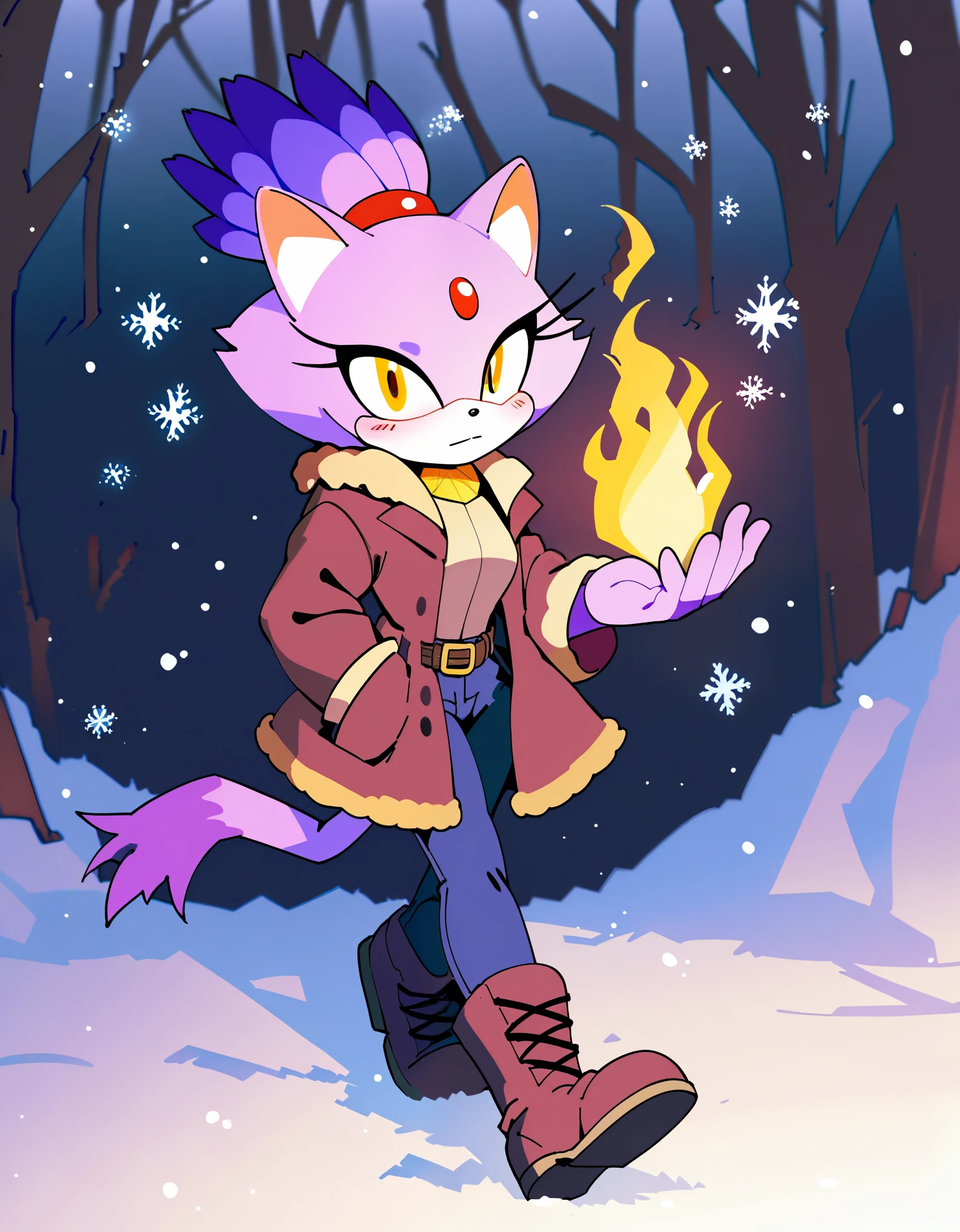 score_9, score_8_up, score_7_up, ((Masterpiece)), high quality, studio quality, 1girl, Blaze the cat, yellow eyes, black jeans, boots, looking at viewer, hands in pockets, belt, :3, blush, fur-trimmed coat, forest, snowing, snowflakes, walking