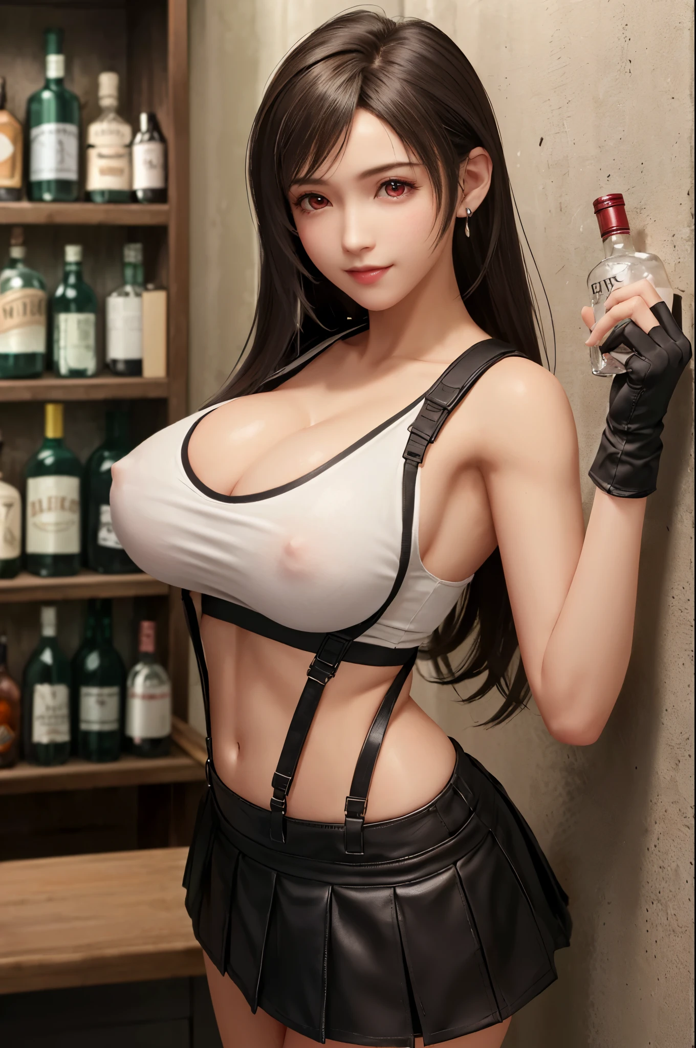 nsfw, (((shirt lift:1.5, showing nipples))), (top quality, masterpiece), (((FF7,Tifa_lockhart))), rocket tits, (((suspender, tank tops, A dark-haired, length hair, elbowgloves))), ((Beautiful detailed red eyes)), (Beautiful highlights of red eyes)), Facial light, navel, High exposure, (((tight mini-skirt))), Exposure of the abdomen. ribs, abs, nsfw, shirt lift:1.5, (showing nipples), (solo), (bar counter), (back bar), (Bottles of liquor all over the wall:1.5), wall shelf, Ultra-detailed face, (((FF7,Tifa_lockhart))), (black brown hair, big breast: 1.8),nsfw, (showing nipples), about 18 years old,kawaii, (seductive smile:1.3), nsfw, shirt lift:1.5, (showing nipples)