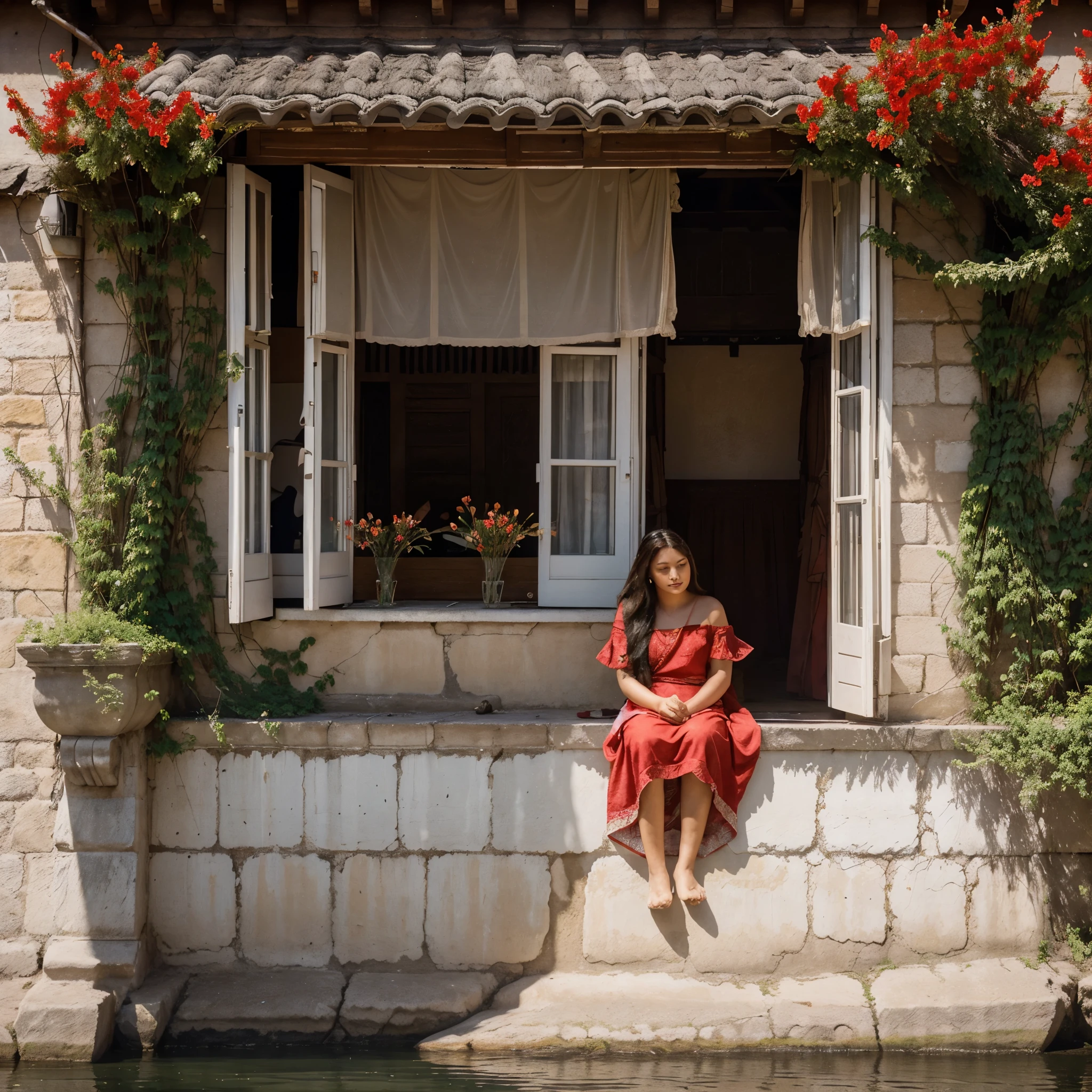 The princess sat by the window of the palace. The open window blew a gentle breeze...... He looked outside the palace. What a beautiful open wilderness outside..... a flowing river... and a huge tree with red flowers blooming by the river... red flowers! ...