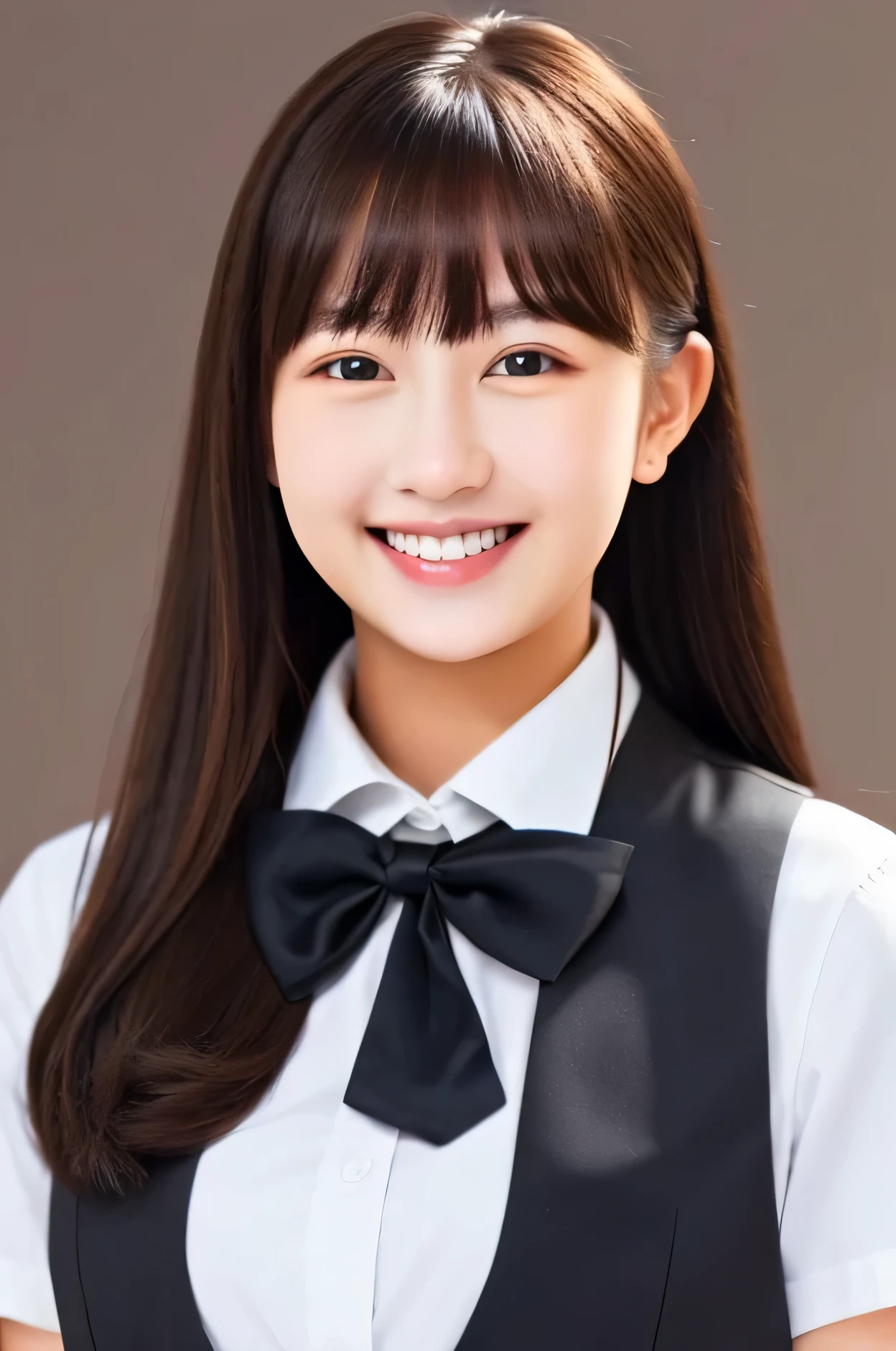 facing right, beautiful detailed girl, Smiling female information staff in her early 28s, shoulder length black hair, realistic, (long hair: 1.2), red vest, simple background, bow, full body, put your hand on your cheek, tail, shirt, bow tie, white shirt, black bow, bangs, black bow tie, collared shirt, Japanese