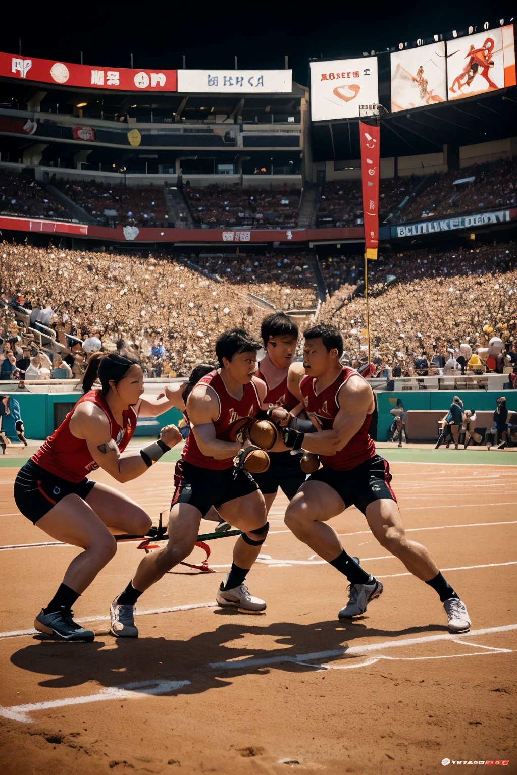 Sports posters with dragon-related themes,Such as tug-of-war、Team relay.Cartoonize