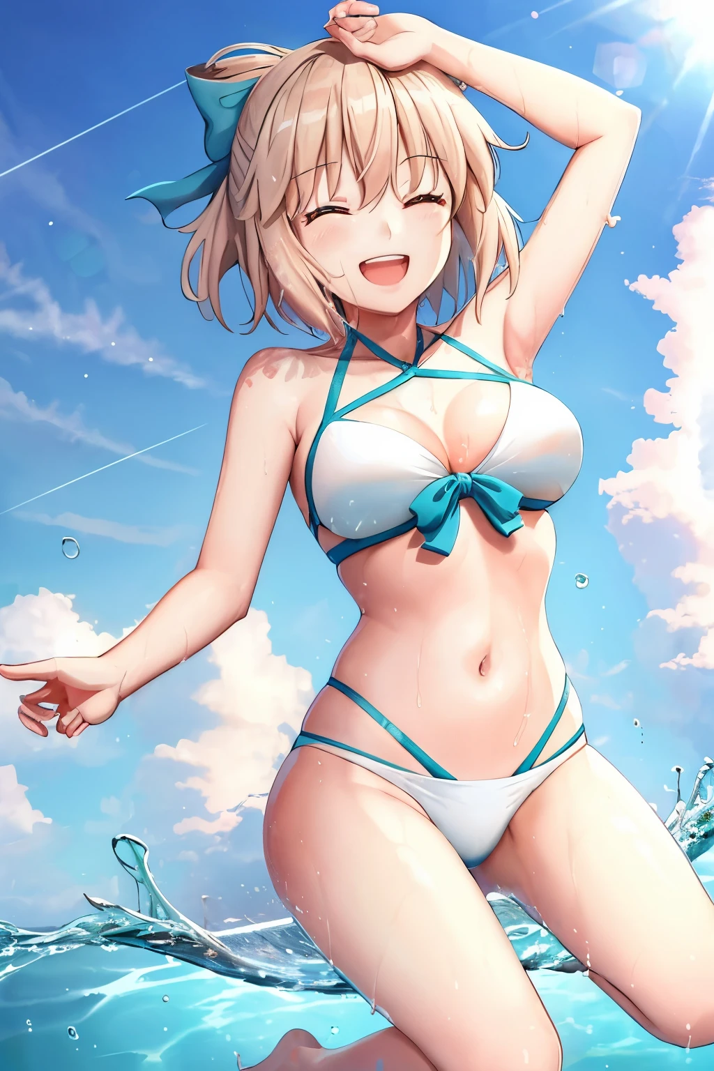 masterpiece, best quality,extremely detailed CG unity 8k wallpaper,
1girl,okita souji \(fate\), swimsuit,bikini,
smile,open_mouth,jumping,sunlight,splash_of_water,happy,closed_eyes,(apart_legs:1.2),