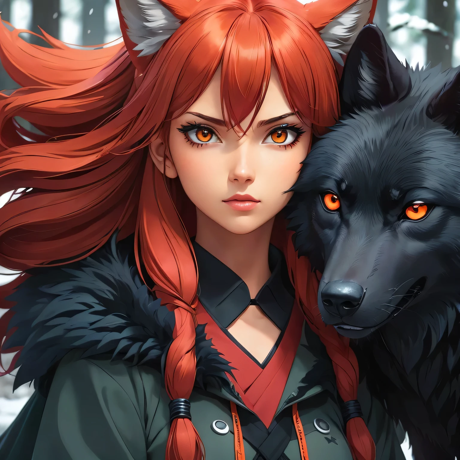 garota de anime com cabelo ruivo e orelhas de raposa ao lado de um lobo negro, estilo anime 4k, holo is a wolf girl, estilo de arte de anime realista, arte digital detalhada de anime, anime digital illustration, Estilo de arte anime realista, digital anime art, holo se uma garota lobo, epic anime style, anime style illustration, Lindo estilo de arte de anime, papel de parede de arte de anime 4k
