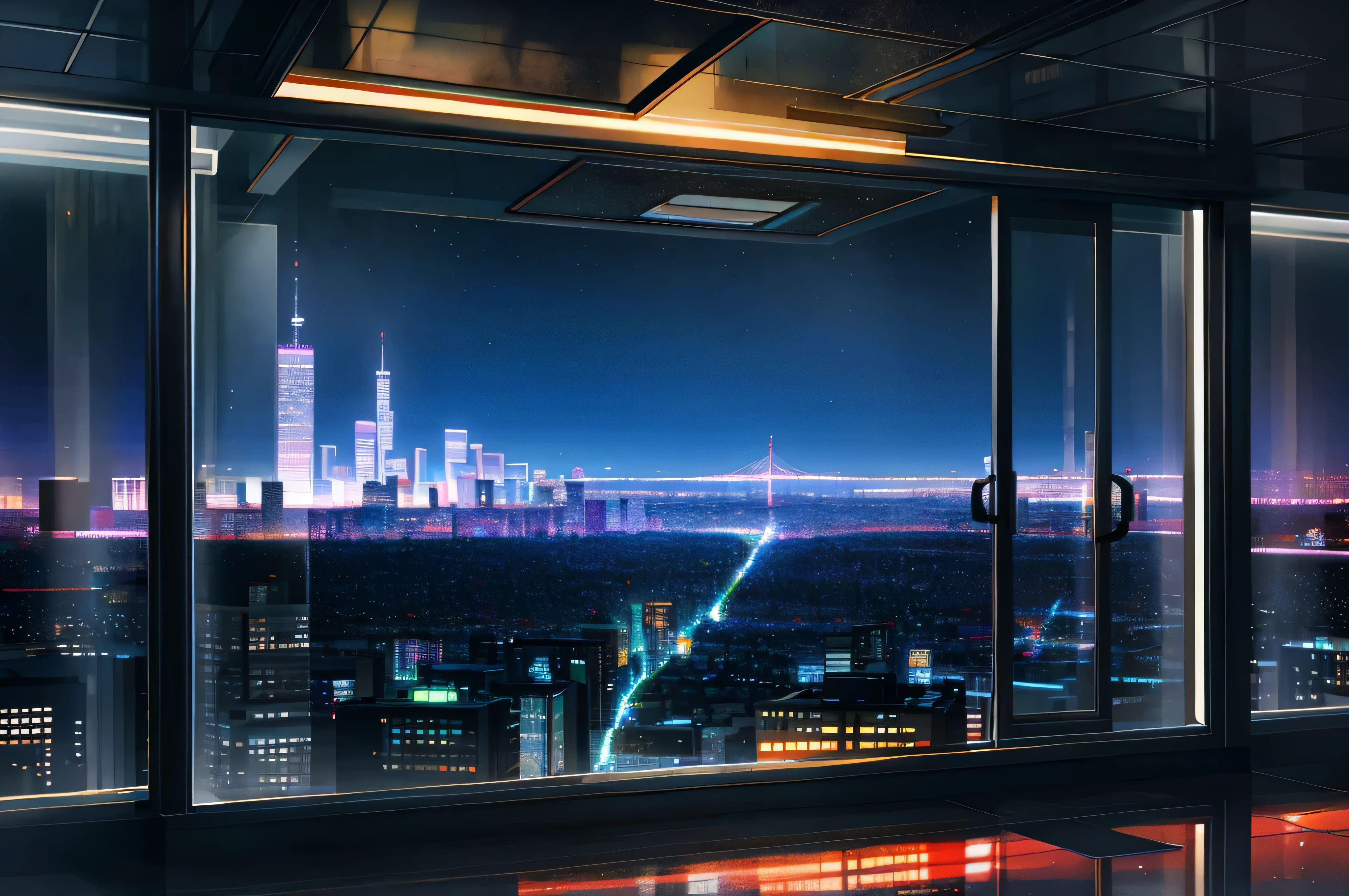 Outside the floor-to-ceiling glass window，city night view，Urban style