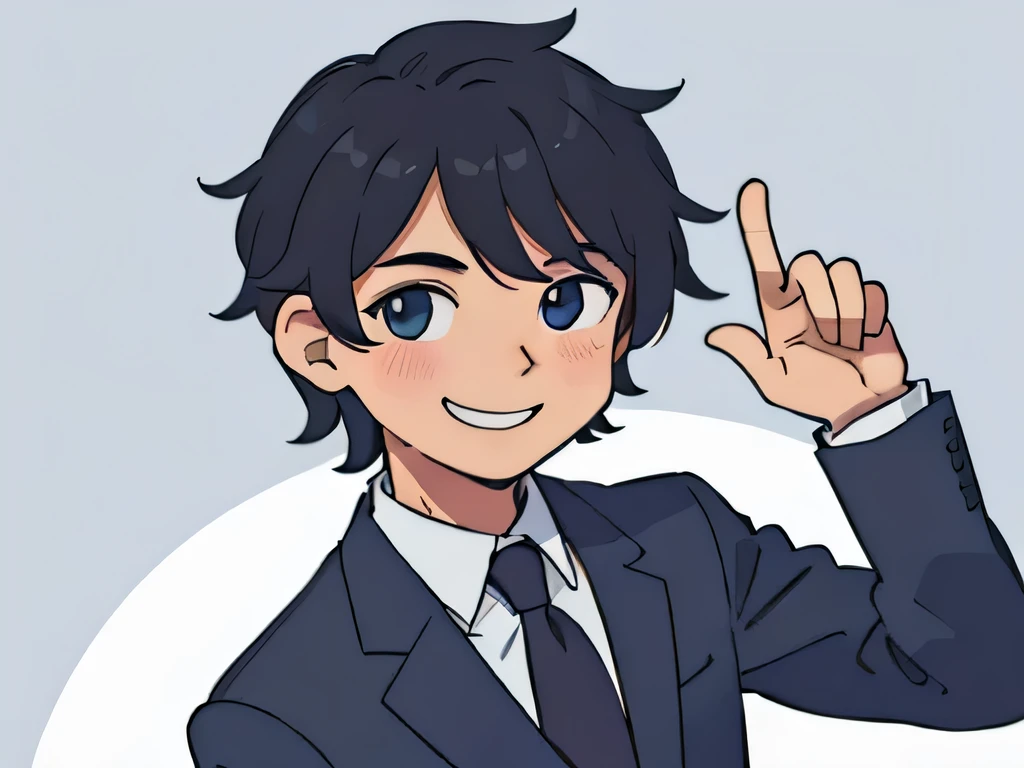 illustration of a boy having short messy hair, wearing a suit, smiling slightly, posing for a picture
