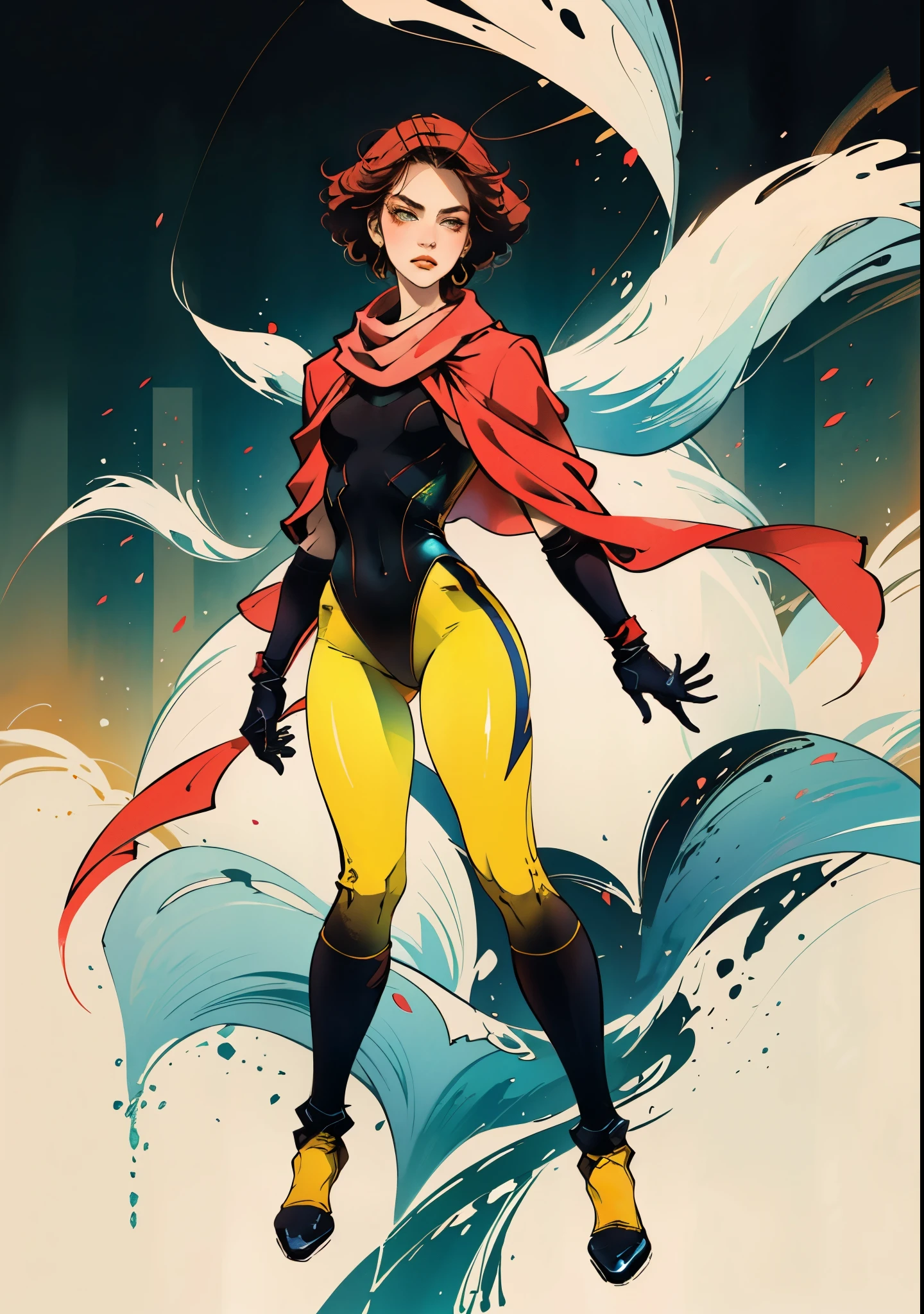 A teenager girl with short brown hair, delicate features, a focused gaze, a determined expression, she has a petite figure akin to a gymnast, adorned with a long flowing cape-like scarf in red and yellow hues, a fantasy-realism-style gymnastics leotard with a long hemline attached, paired with matching leggings, ((black as the main color, complemented by red and yellow accents)), (she poised on a vast stage enveloped in mystery, she emitting a sacred glow in the dim environment), this character embodies a finely crafted fantasy-realism-style dancer in anime style, exquisite and mature manga art style, perfect body, porcelain skin, high definition, best quality, highres, ultra-detailed, ultra-fine painting, extremely delicate, professional, anatomically correct, symmetrical face, extremely detailed eyes and face, high quality eyes, creativity, RAW photo, UHD, 32k, Natural light, cinematic, masterpiece-anatomy-perfect, masterpiece:1.5