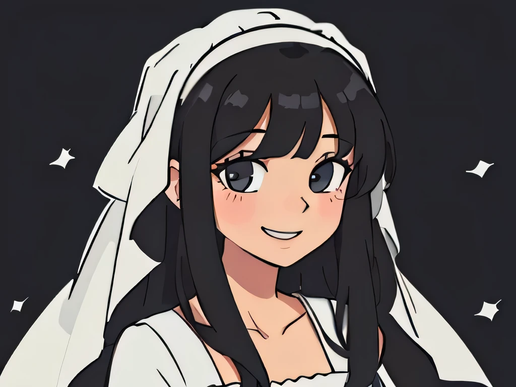 Illustration of a girl having long black hair, with bangs wearing a wedding dress, posing for a picture ,smiling slightly
