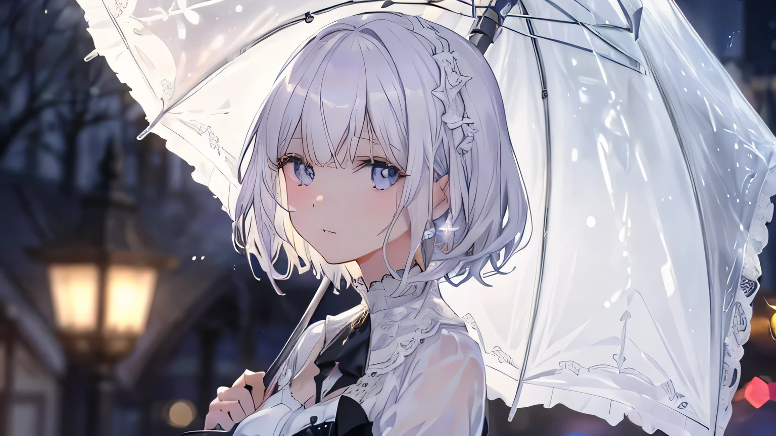 Une belle fille aux cheveux courts, cheveux blanc platine, tient un parapluie et marche sous la pluie, High definition RAW color art, Animation,sculptures, Silver Marble Skin, (((Ultra detailed and elegant))), ambiance magique, (Detailed skin, texture (complex and detailed, Fine details, Ultra-detailed), clair de lune rouge profond, profondeur de champs, Bokeh, Toucher soyeux, beaux yeux, Large Christmas tree, hyper detail, Dessin mat, pastel violet, Regarder en arrière
