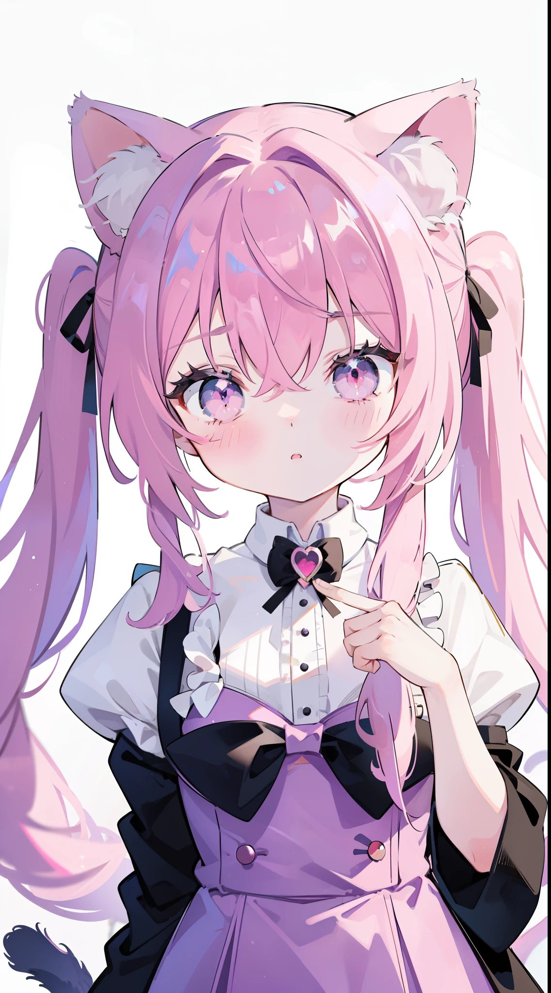 upper body, big face, cat girl, Girl with cat ears, pink hair, Two low ponytails, Black , white tie, dark pink tail, purple eyes, White background