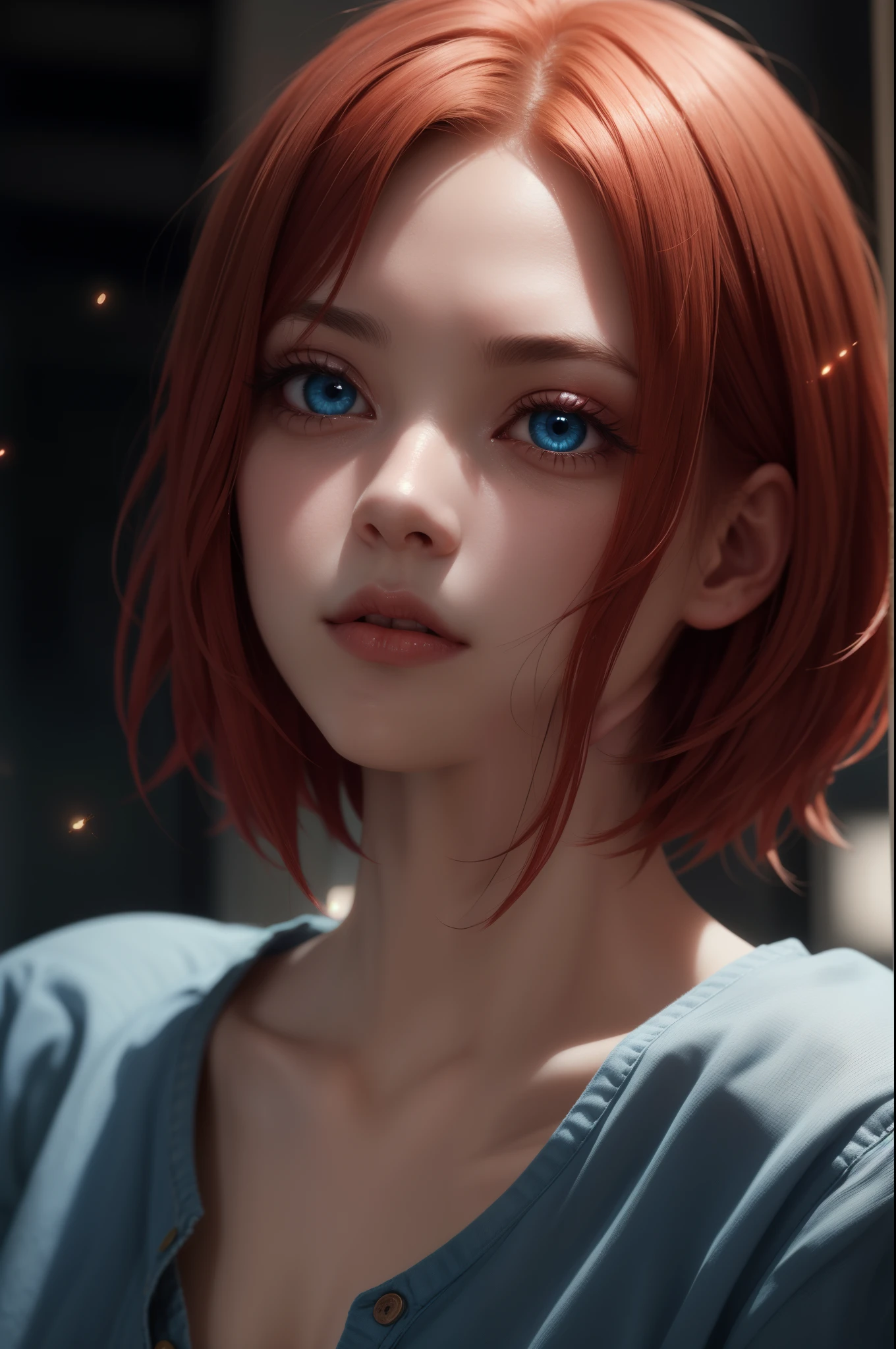 Light particles, soft lighting, volumetric lighting,
1girl, single,
red hair, short hair,
Blue eyes, long eyelashes, thick eyelashes, looking at the scenes,