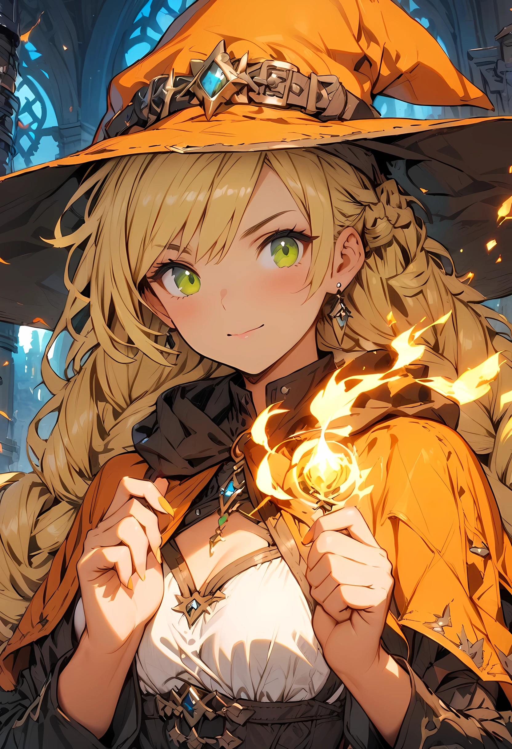 masterpiece, best quality, (pretty face: 1.1), (actual: 1.5) (blonde witch, Marissa Becker, 30 year old female, fire magic: 1.3), Upper body