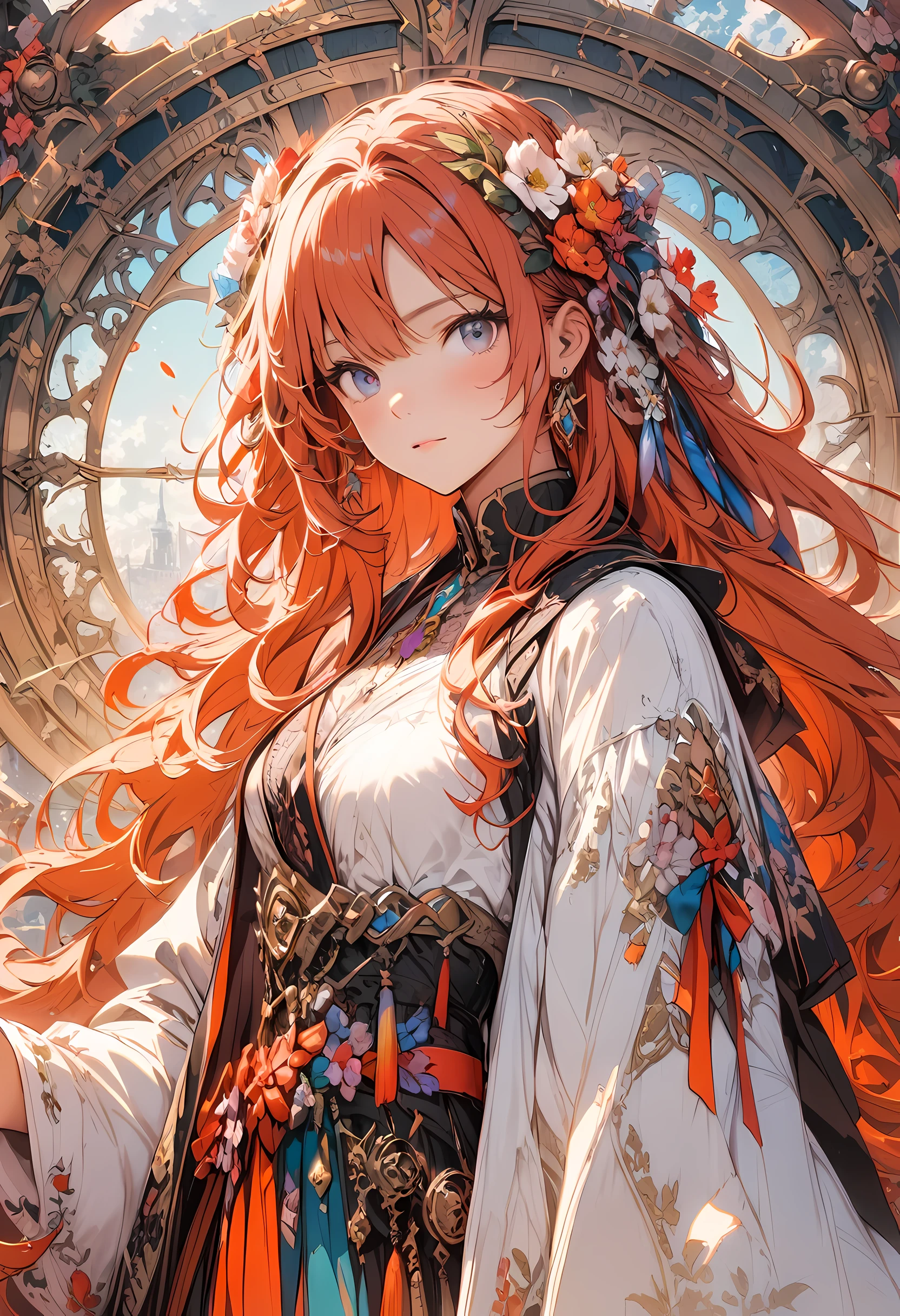 European woman face portrait, Long curly hair, Blonde, flower frame, decorative panel, abstract, author:Alphonse Mochi (masterpiece, best quality, High resolution: 1.4), detailed, intricate details, 4K, color splash, line art, Fibonacci, Wear underwear