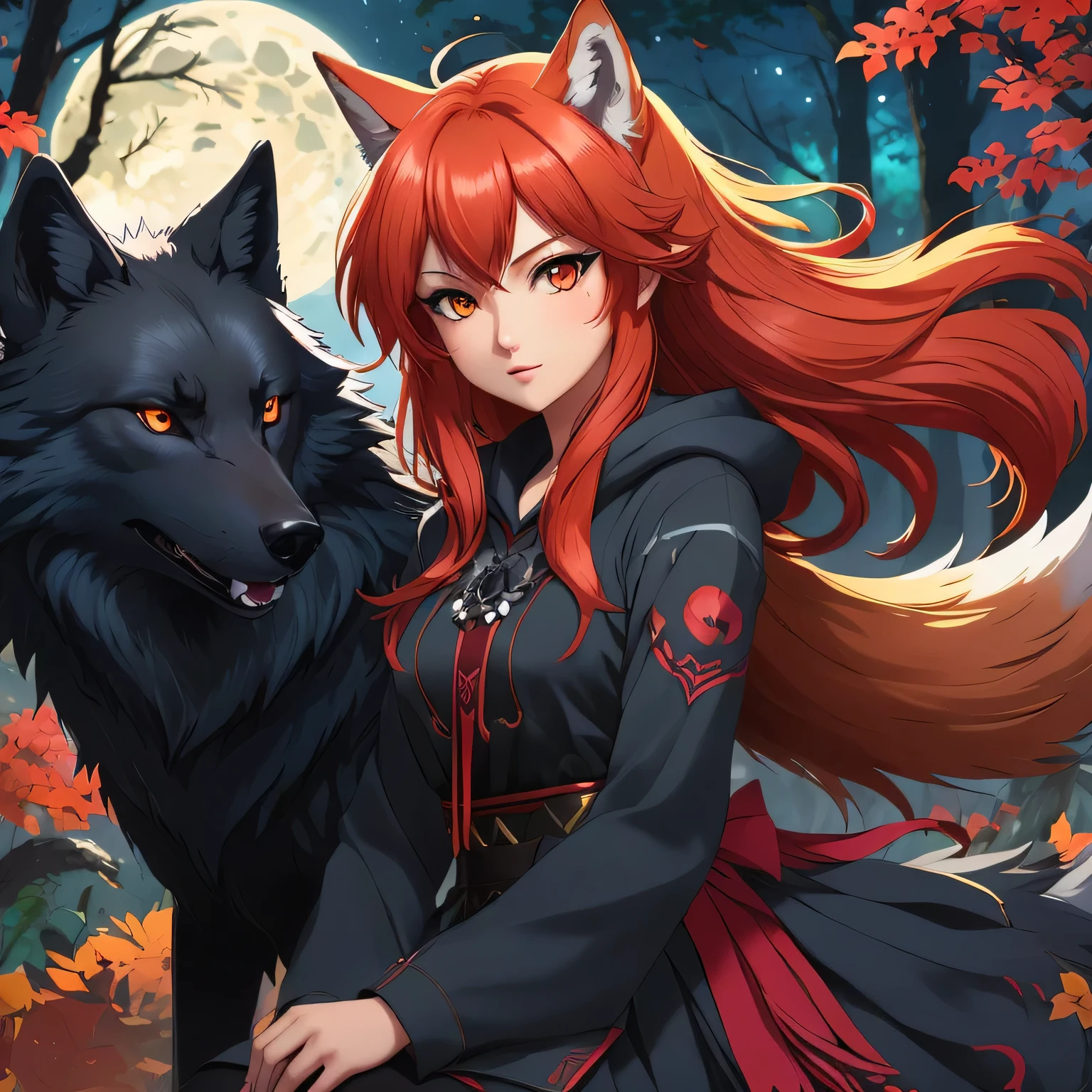 garota de anime com cabelos ruivos e olhos vermelhos sentada ao lado de um lobo negro, holo is a wolf girl, holo se uma garota lobo, estilo anime 4k, raposa e arbusto, anime style illustration, Lindo estilo de arte de anime, estilo de arte de anime de alta qualidade, anime digital illustration, anime em estilo fantasia, Papel de parede de arte anime 8 K, anime fantasy illustration