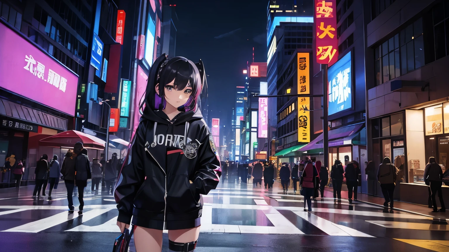 high quality、cyber punk、girl２people、mechanic、comical、anime style etc.、髪のcolorは２color、bike、leather jacket、punk coloring、city、ナイトcity、Street style、graffiti、hoodie、middle age、tall woman、military、Knee-high boots、weapons、night、二people組、teammates、The touch of the picture is black lagoon style