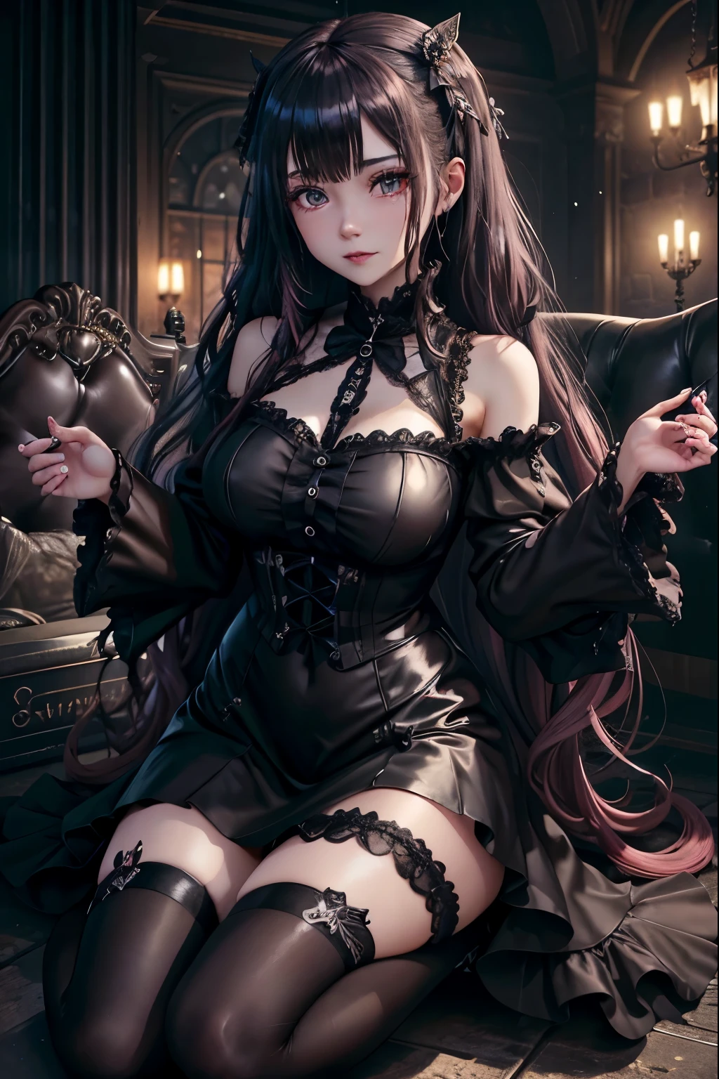 ハードdark gothicメイク、Insanity、deep night sky、horror、black dark eyeshadow、cry、grieve、good skin shine、dark gothicメイク、dark smile、Restless Palace、expression of sexual excitement、fragrant beauty、22 years old、Lie down、lure、expression of intense sexual pleasure、A look of shame、dark gothic、Gothic Lolita、bell sleeve、wizard sleeve、lewd expression、Stained glassが背景、muste piece、best quality、Refers to 5 books、Sweat glistens on my chest、Expression of sexual pleasure in suffering、drunk face、Maid clotheysterious、Noble、A face that is holding back the toilet、flirty gothic clothes、body is wet and shiny、Super sexy、Lots of glitter on the thighs、i am sweating a lot、loving smile、twin tail hair、my thighs are so wet、jet black ruffle skirt、shaded、right blue eye, left eye is red、Sit on a gothic bed covered in roses、Super bewitching pose、Gravure shooting、knee high socks、thigh high socks、A lot of sweat and stickiness on the thighs、Plenty of plump, shiny thighs、Sweat glistening on your thighy whole body is shiny with sweat、glamorous、platform heel shoes、pretty sweaty、My thighs are sweaty、dark makeup、Chest size is modest、black lipstick、重厚感のあるdark gothicロングドレス、bright pink hair、long hair straight hair、Stained glass、black metal world、open your legs sloppily、her thighs are a little glamorous、play black guitar、guitar girl、play guitar、guitar playing、gothic guitar、have a guitar、holding guitar、