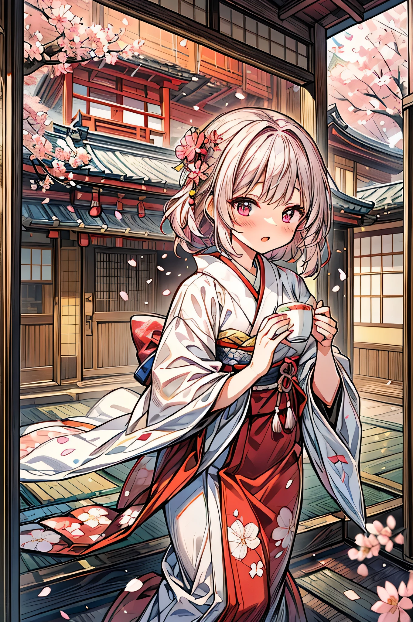 A captivating woman in an intricately embroidered kimono, sakura petals gently falling around her, framed against the backdrop of a traditional Japanese tea house with sliding paper doors and wooden architecture, the air filled with the sweet fragrance of cherry blossoms, embodying the timeless elegance of Japanese culture