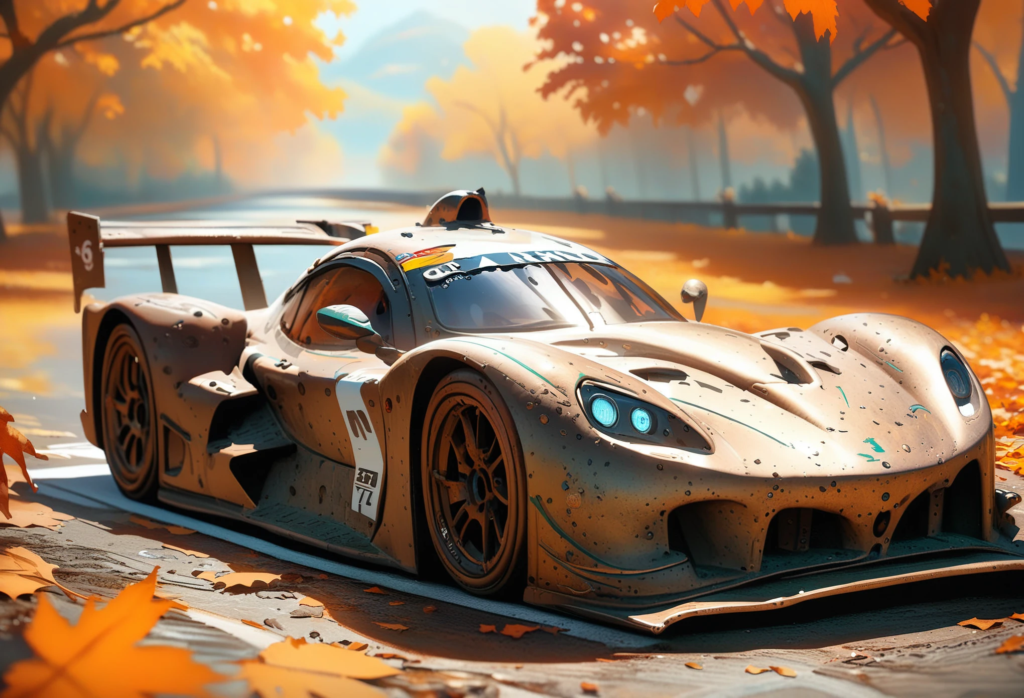 a racing car, bronze skin, miniature, bronzecd_xl, autumn, CGSociety, ArtStation, master works, 8K, HDR, UHD, masterpiece, best quality
