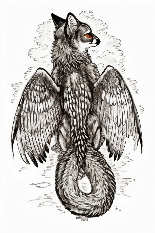 ((sad face four legged monster, Animals, fox head, wolf carcass, owl back wing, tail snake)),