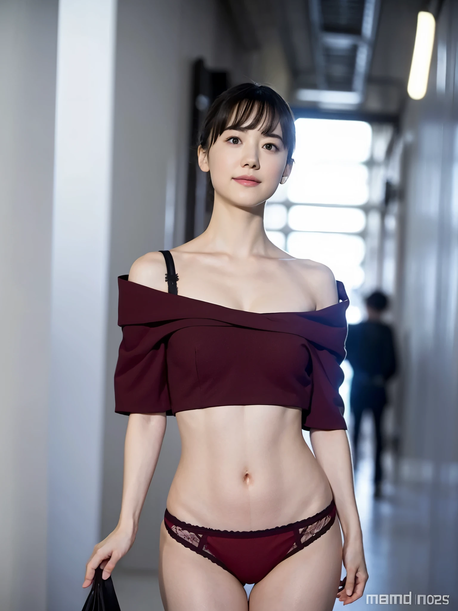 There is a woman in underwear posing in the hallway., physically : smallest abdomen ever, mary elizabeth winstead, exposed navel, smallest abdomen ever, abdomen only, her navel is exposed, beautiful navel, kiko mizuhara, wearing sexy crop tops, flat chest, wearing a crop top