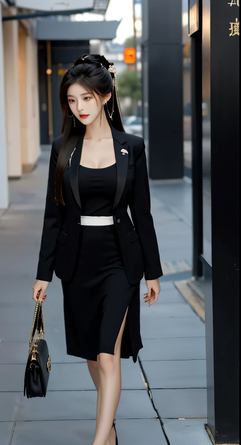 chinese woman in a black skirt and white shirt and a purse, wearing black business suit, wearing business suit, girl in suit, girl in a suit, wearing a business suit, wearing a strict business suit, wearing a black noble suit, in a business suit, with a business suit on, black business suit, wearing black suit, woman in black business suit