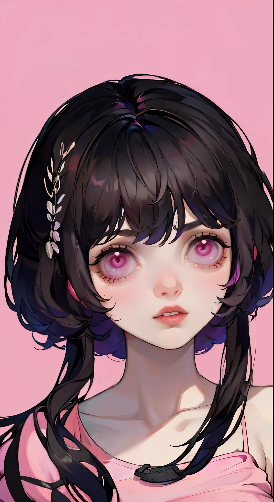 black hair, pink eyes, upper body, big face, simple background
