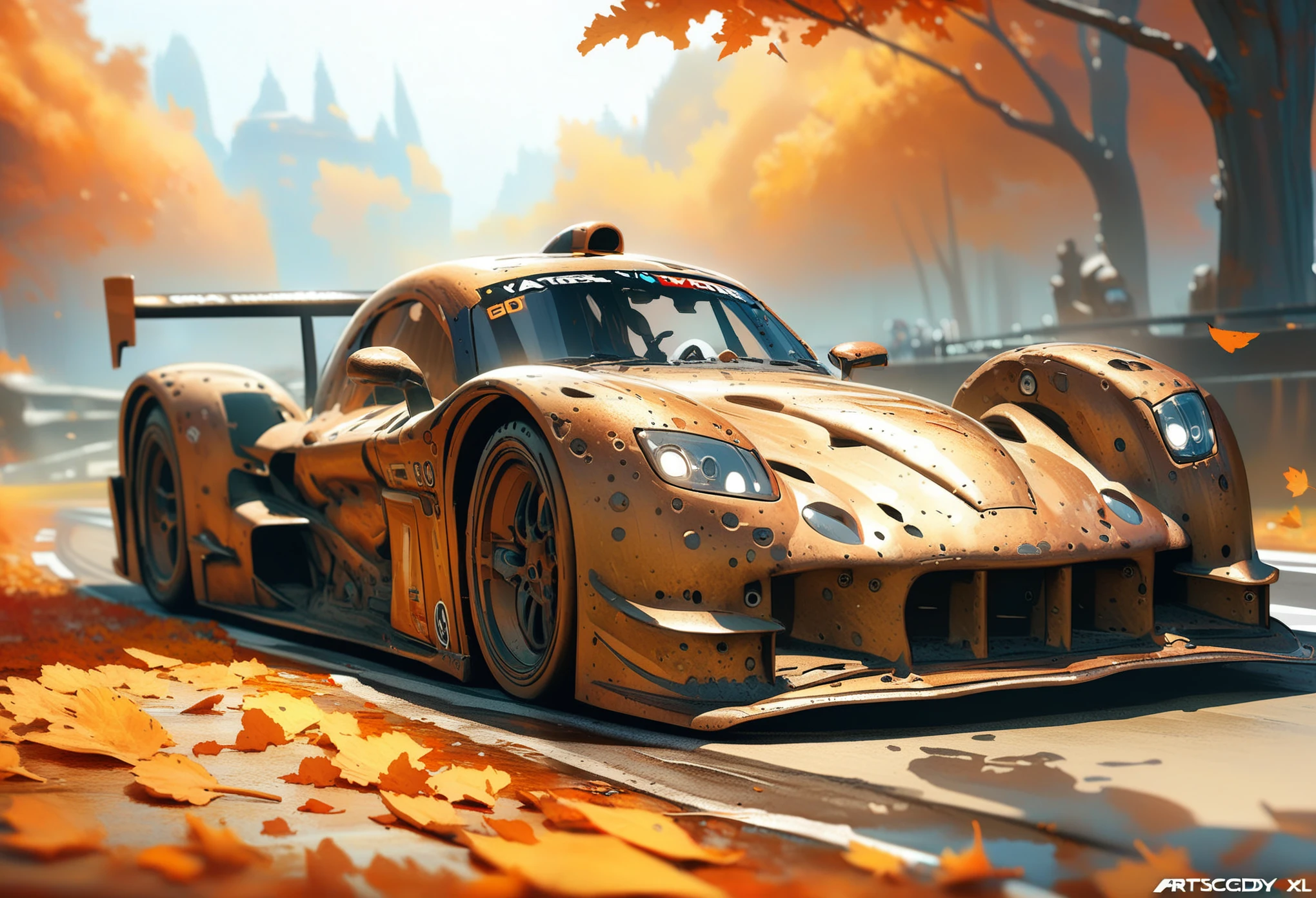 a racing car, bronze skin, miniature, bronzecd_xl, autumn, CGSociety, ArtStation, master works, 8K, HDR, UHD, masterpiece, best quality