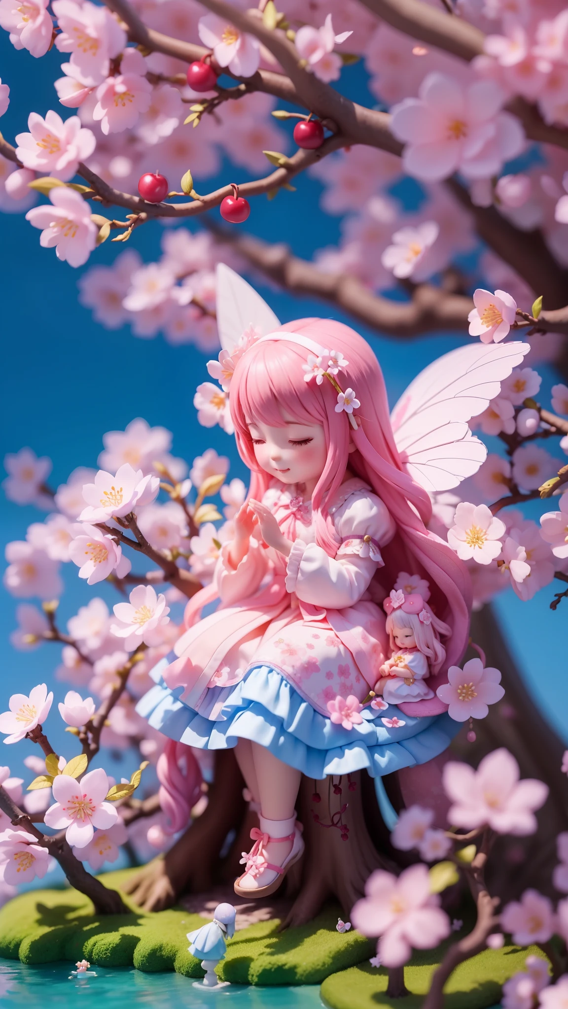 Magic garden miniature scene, delicate cherry blossoms、Softly glowing cherry tree、Illuminated by happy smiling miniatures. 8K Autorealist,Cherry tree in full bloom、girl cherry blossom fairy、、3 heads and bodies、back view、blue sky、garden、sleeping leaning against a tree