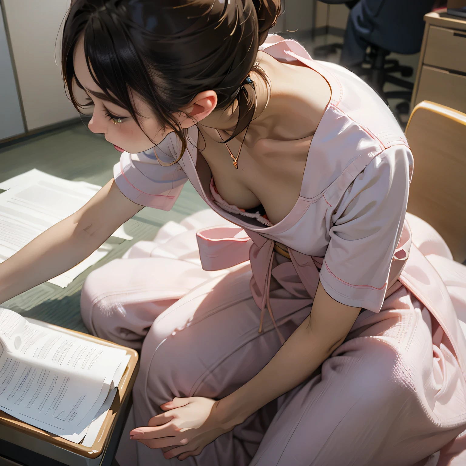 1 girl ,highest quality, ultra high resolution, highly detailed skin, Physically based rendering, small breasts, flat chest, down blouse,(14 year old Japanese student, Detailed bra with embellishments , overlap short sleeve princess dress, small breasts, sensual ),  bend down and write on a notepad, short hair, necklace ,close,From top left ,focus on the chest ,high brightness,close