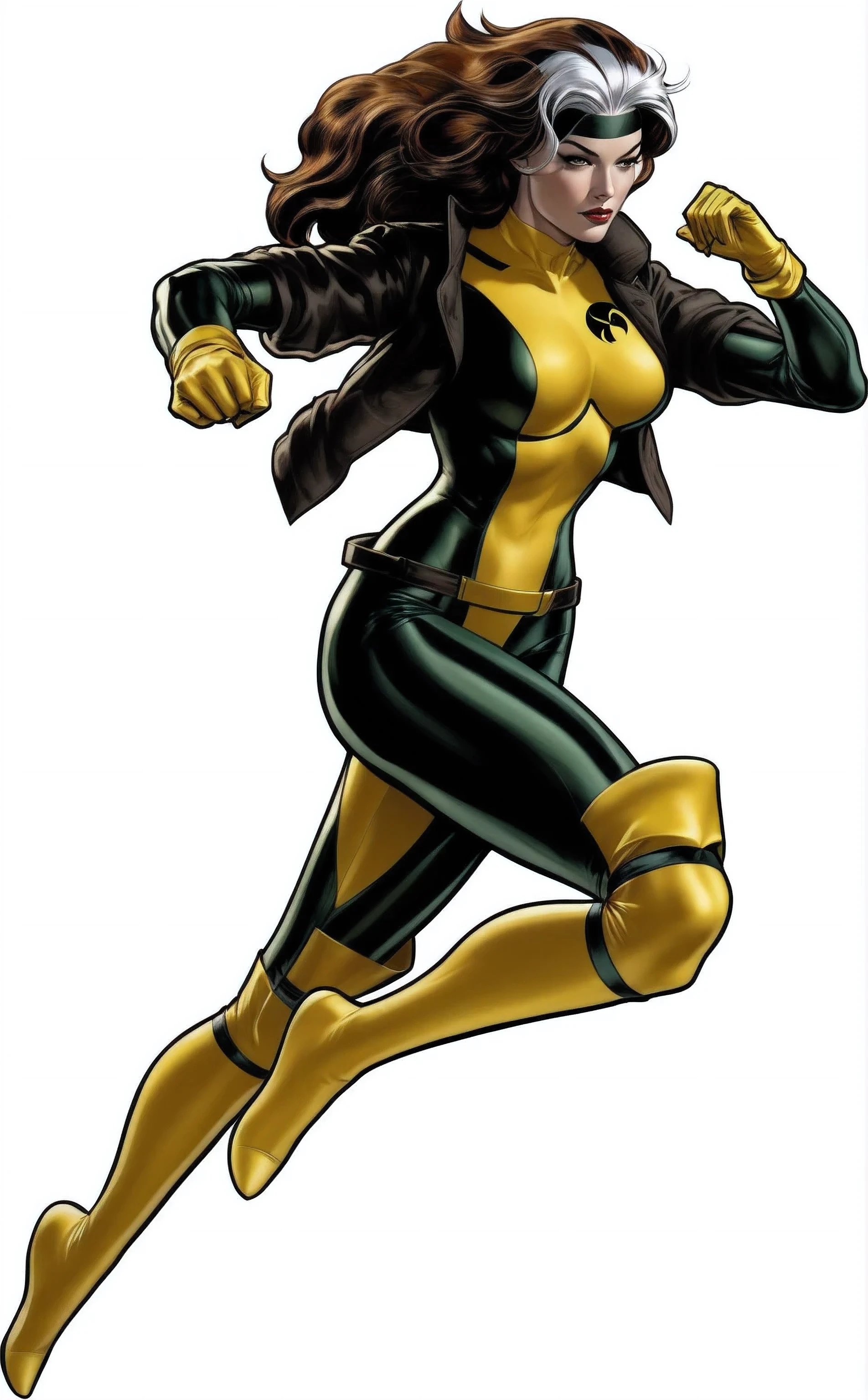 close-up of a woman in a yellow and black suit, full body portrait of Jean Gray, silk ghost, outcast woman, inspired by Mike Deodato, Cool pose, Jean Gray, X-Man Yellow Costume, rogue anime girl, красивая outcast woman, profile shot, mike deodato jr, Wolverine's Action Pose, portrait of Jean Gray, portrait of outcast woman