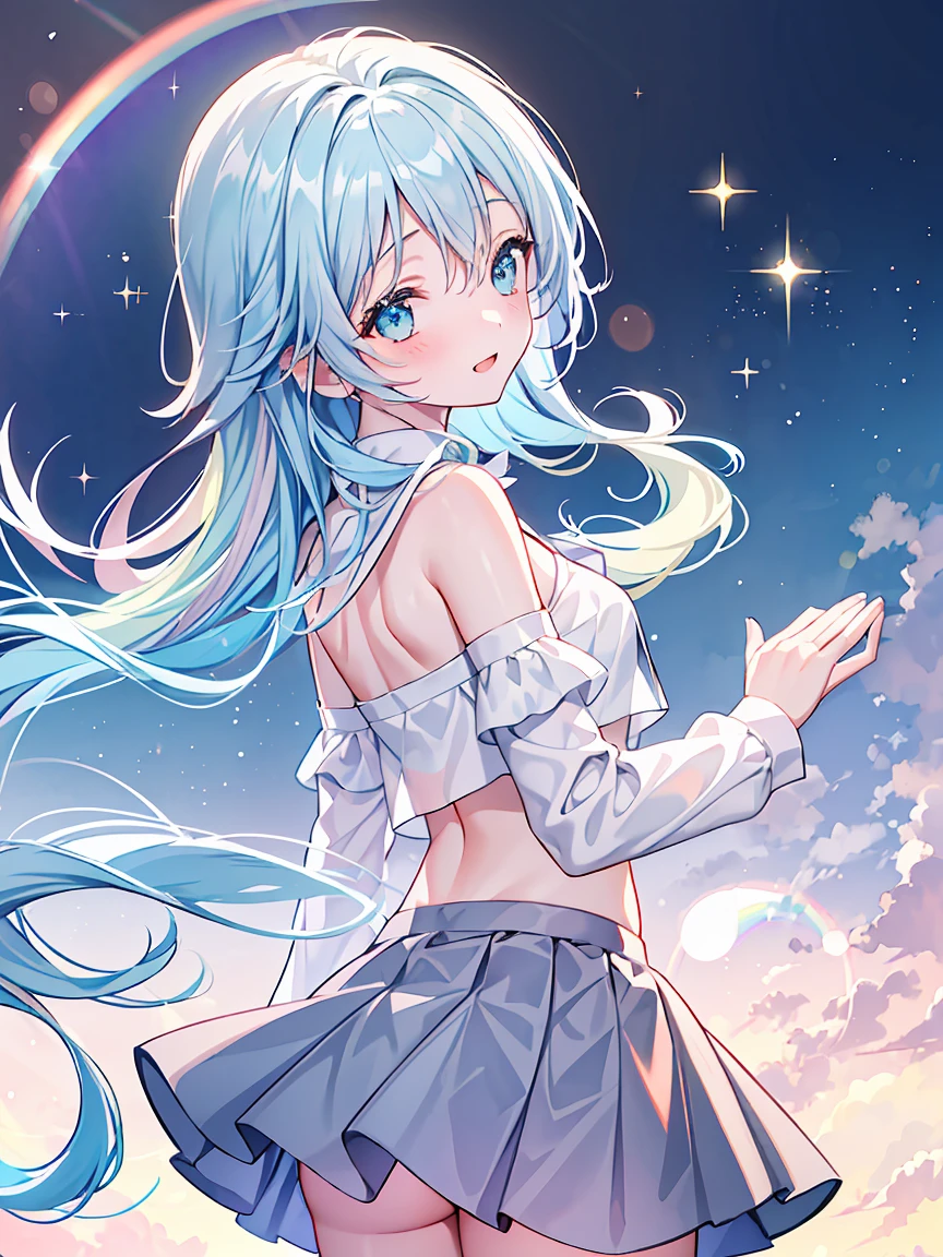 masterpiece, best quality, extremely detailed, (illustration, official art:1.1), 1 girl ,(((( light blue long hair)))), light blue hair, ,10 years old, long hair ((blush)) , cute face, big eyes, masterpiece, best quality,(((((a very delicate and beautiful girl))))),Amazing,beautiful detailed eyes,blunt bangs((((little delicate girl)))),tareme(true beautiful:1.2), sense of depth,dynamic angle,affectionate smile, (true beautiful:1.2),,(tiny 1girl model:1.2),, Soft Focus , (Bright gradient watercolor :1.5, Lens Flare:1.5 , Glitter :1.5), Glow , Dreamy Grid illusion, Colorful, girl、((extremely detailed eye:1.5)),ace Zoom:1.5,,(((​masterpiece、top-quality、top-quality、watercolor paiting)))(Curly)、Official art、Beautifully Aesthetic:1.2)、,colourfull、((Ultra-detailed retina:1.5))、(Midriff)、((Super Detail Eyes:1.5))、(rainbow-colored hair、colourful hair、Half blue and half light blue hair:1.5)、((the Extremely Detailed CG Unity 8K Wallpapers、​masterpiece、top-quality))、【emblem:Irridescent color 】、straight hair、(masterpiece, best quality),1girl, lying, on stomach, from above, cowboy shot,(hands on back:1.3), back shot, ass focus, back, looking back, arm support, blushBREAK , (light blue collared shirt:1.2), (long sleeves:1), collarbone, BREAK (grey skirt:1.1), (black socks:1)BREAK on bed, sidelighting,, 