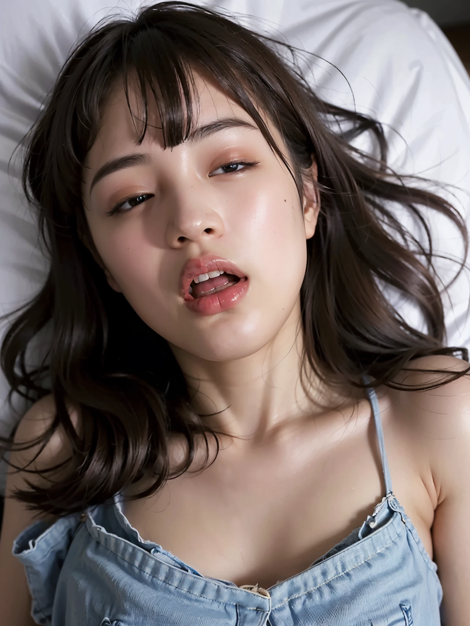 (masterpiece:1.2), Super detailed, ultra high resolution, (realistic, photo realistic:1.37), High resolution raw color photos, professional photos, Beautiful woman, Japanese、30 year old Japanese woman、1 female, (Thin：Weight 1.0), (medium hair, straight hair, bangs:1.3, brown hair), (NSFW, penis), Normal position, ((nude)), (((Ahegao:1.3, squint your eyes:1.3))), lying in bed, sleep on your back, on the bed, extreme close up:1.3, bird&#39;point of view, highly detailed face, very fine eyes, highly detailed skin, very thin fingers, highly detailed nose, highly detailed mouth, perfect anatomy, highly detailed background