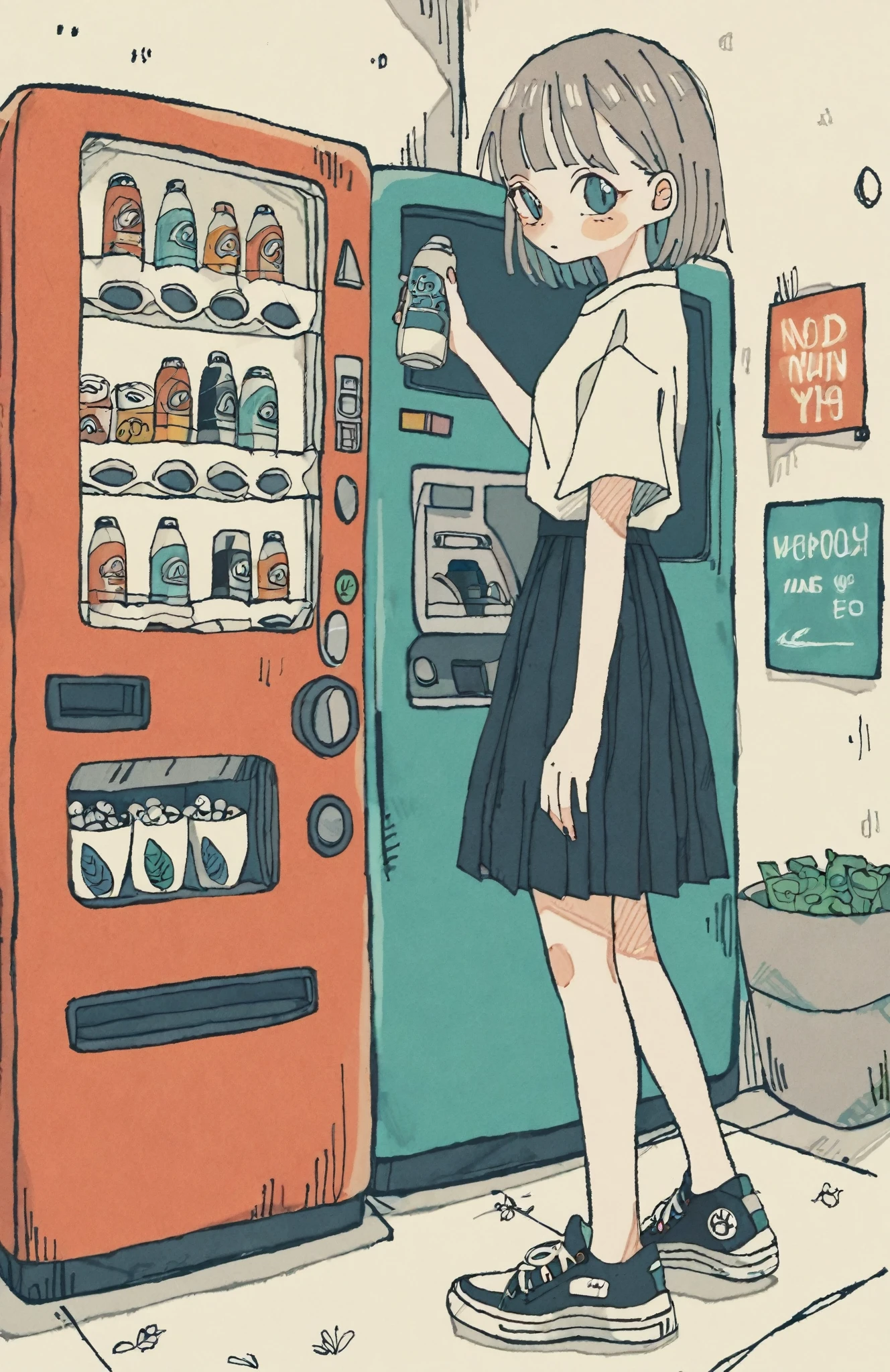 by tsvbvra, 1girl, vending machine, skirt, shoes, solo, shirt, standing, holding, can, pleated skirt, bottle, short hair