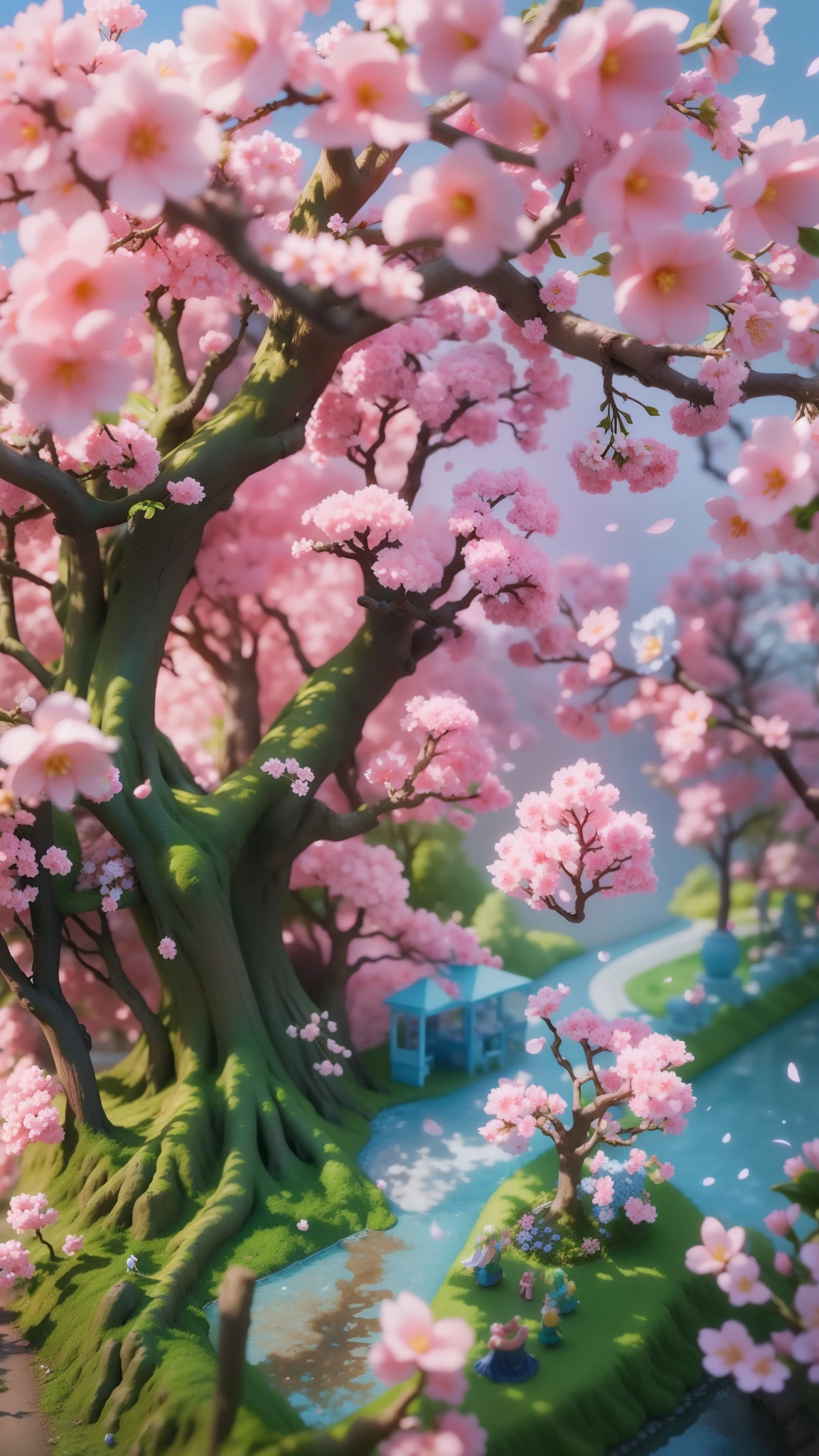 Magic garden miniature scene, delicate cherry blossoms、Softly glowing cherry tree、Illuminated by happy smiling miniatures. 8K Autorealist,Cherry tree in full bloom、girl cherry blossom fairy、、3 heads and bodies、back view、blue sky、garden、sleeping leaning against a tree