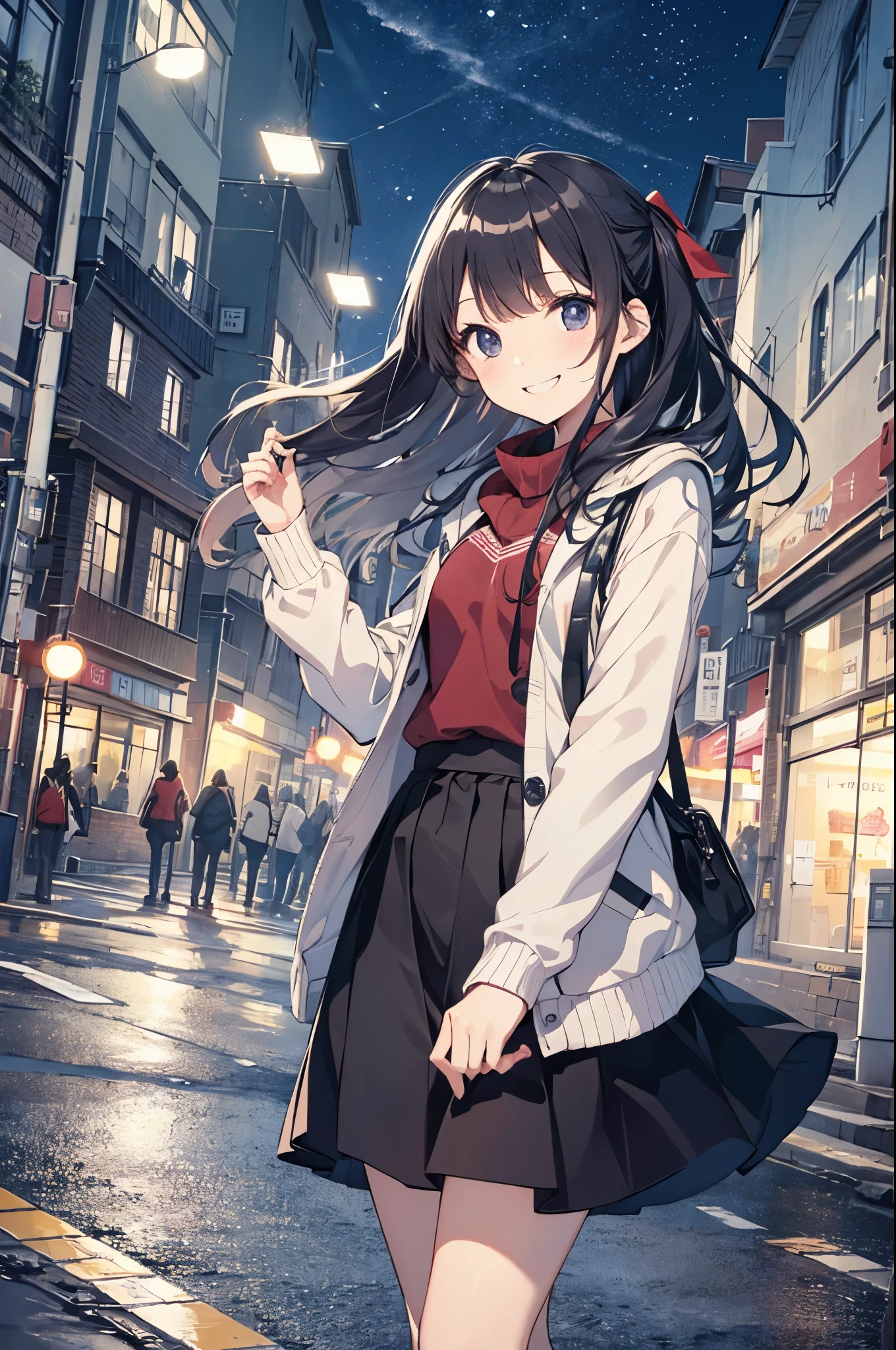 （Pretty sister:1.3）、happy face,spring atmosphere、night、aggressive、way home、((strong wind))、the sky is falling、university student