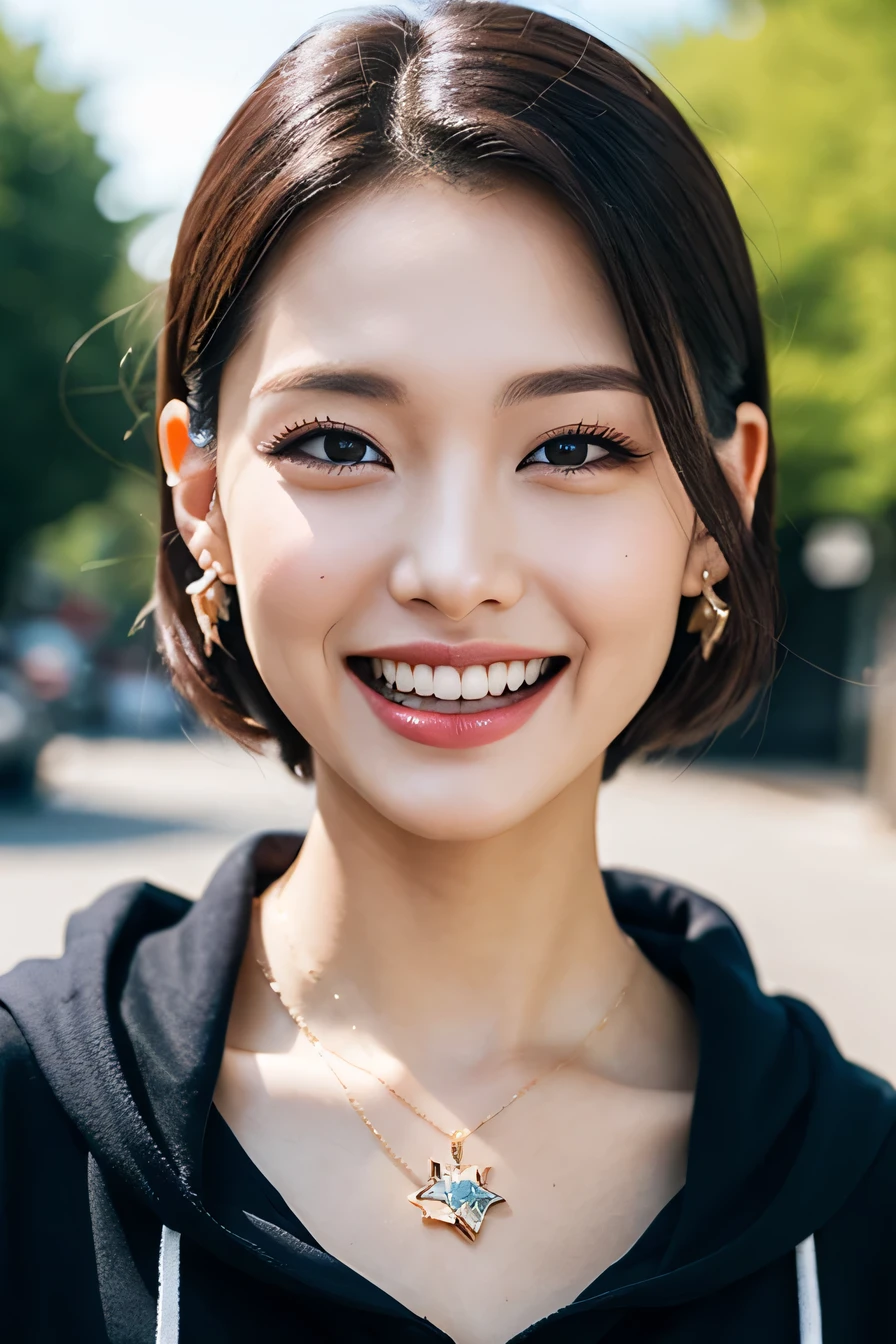 clear woman, cute, super detailed human face, 長いblack hair, fringe, highly detailed brown eyes, highly detailed teeth, white teeth, wearing a hoodie, city、 amazing details, Canon 5DM4, film stock photography, F1.6 lenses, realistic texture, unreal engine, photorealist,black hair、dark eyeliner、ear piercing、necklace around neck、beautiful teeth、Hairstyle Long
