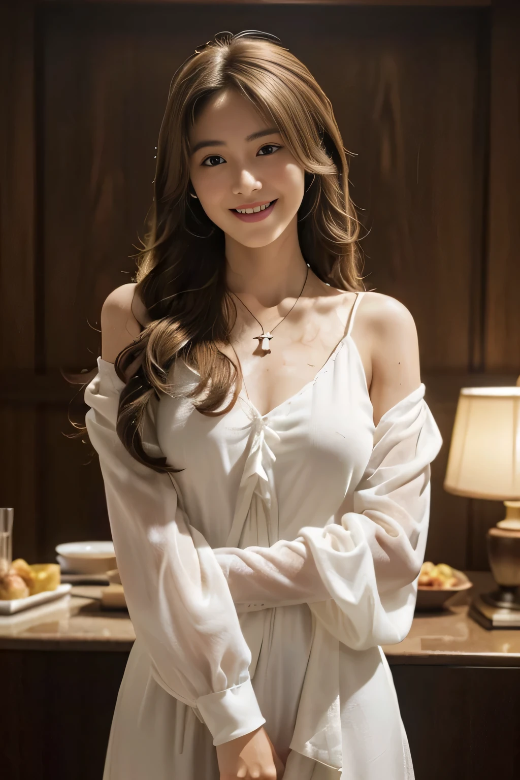 ((beautiful girl:1.3))((uniform:1.4))((panty shot:1.3))((sweaty:1.5))((face flushed:1.4))((medium breasts:1.4))((Close-up:1.2)) highest quality、masterpiece、ultra high resolution、(photorealistic:1.4)、Raw photo、(real skin texture:1.3)、(film grain:1.3)、panorama、character portrait、very wide shot、narrow waist、cowboy shot、(in the dark、deep shadow、moderate、in the cold light、)night、(())、flowing tears、dust、Tyndall effect、(expression),1girl,beautiful detailed eyes and face,white jabot,brown eyes,((brown hair:1.2)) (whole body:1.3)) (smile:1.3))、((Long straight hair_Hair reaching down to the waist:1.3))、((Hair with loose waves inside:1.2))、green々bust、beautiful white blouse、With slit、cleavage、No nipples、wear a shirt、 wear a blouse、 in a white shirt, Smooth white tight clothes suit, Office Clothes, in the school classroom、Standing gracefully、In the School Rooftop