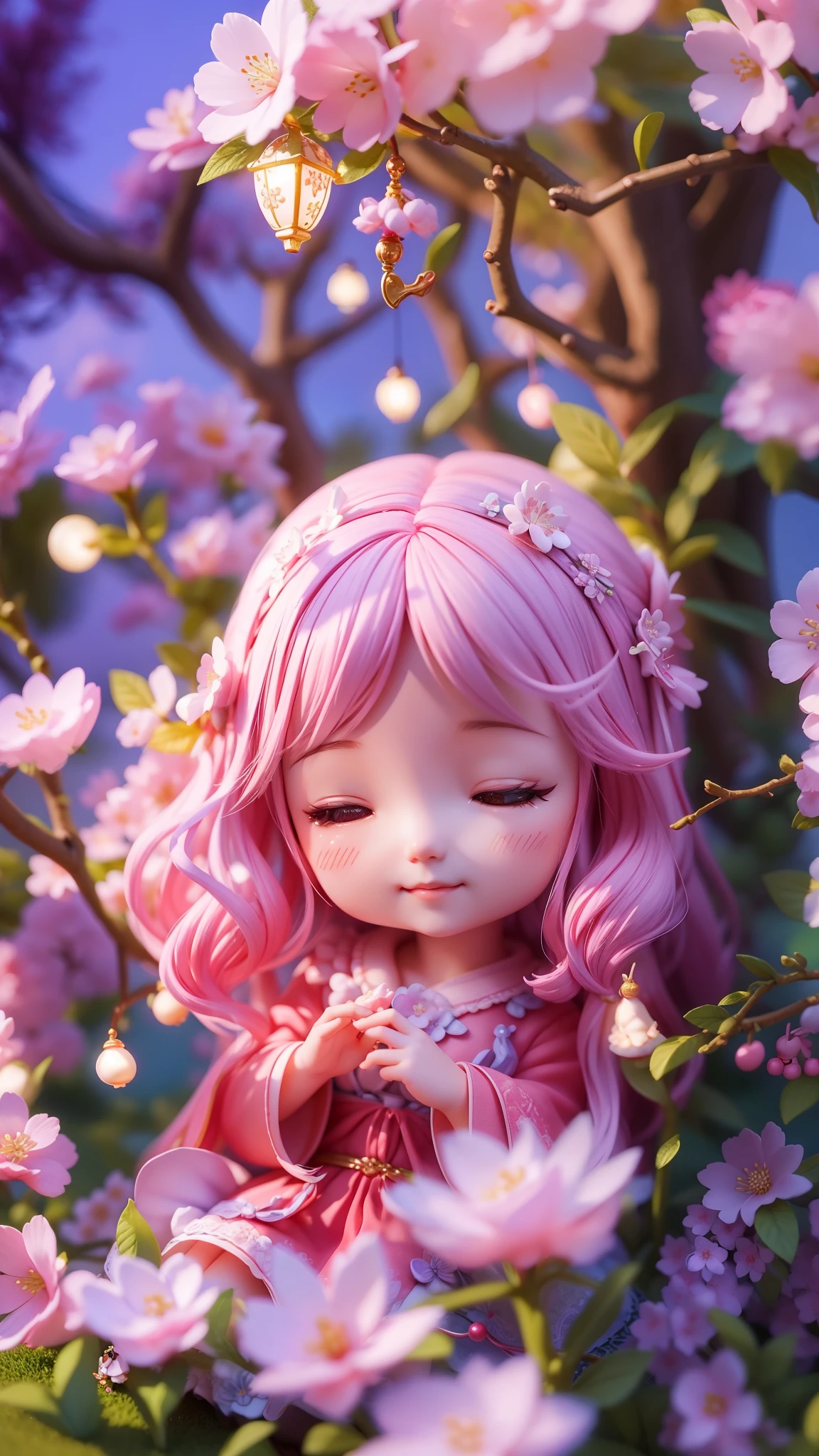 Magic garden miniature scene, delicate cherry blossoms、Softly glowing cherry tree、Illuminated by happy smiling miniatures. 8K Autorealist,Cherry tree in full bloom、girl cherry blossom fairy、、3 heads and bodies、back view、blue sky、garden、sleeping leaning against a tree