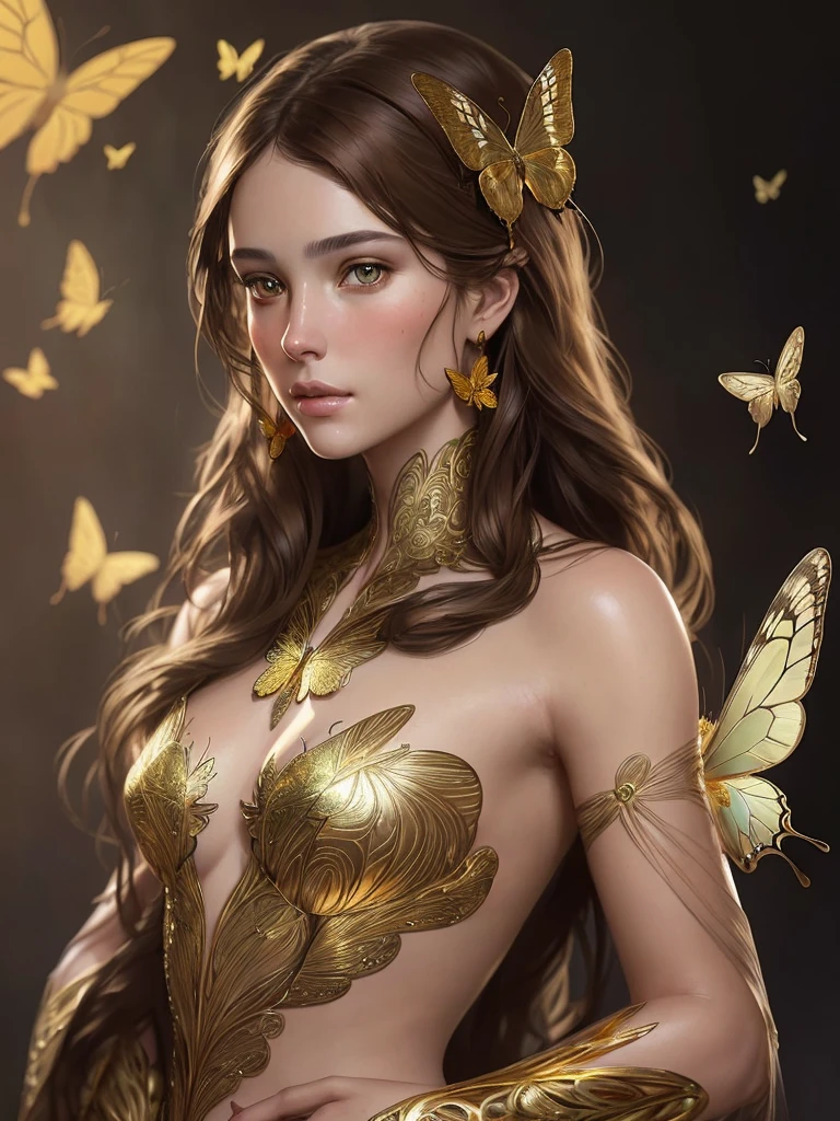 Beautiful 8k portrait of brown haired woman, complex, elegant, Very detailed, majestic, digital photography, artgerm、surreal gold butterfly filigree by ruan jia and greg rutkowski, shattered glass, (masterpiece, side light, Delicate and beautiful eyes: 1.2), high dynamic range,