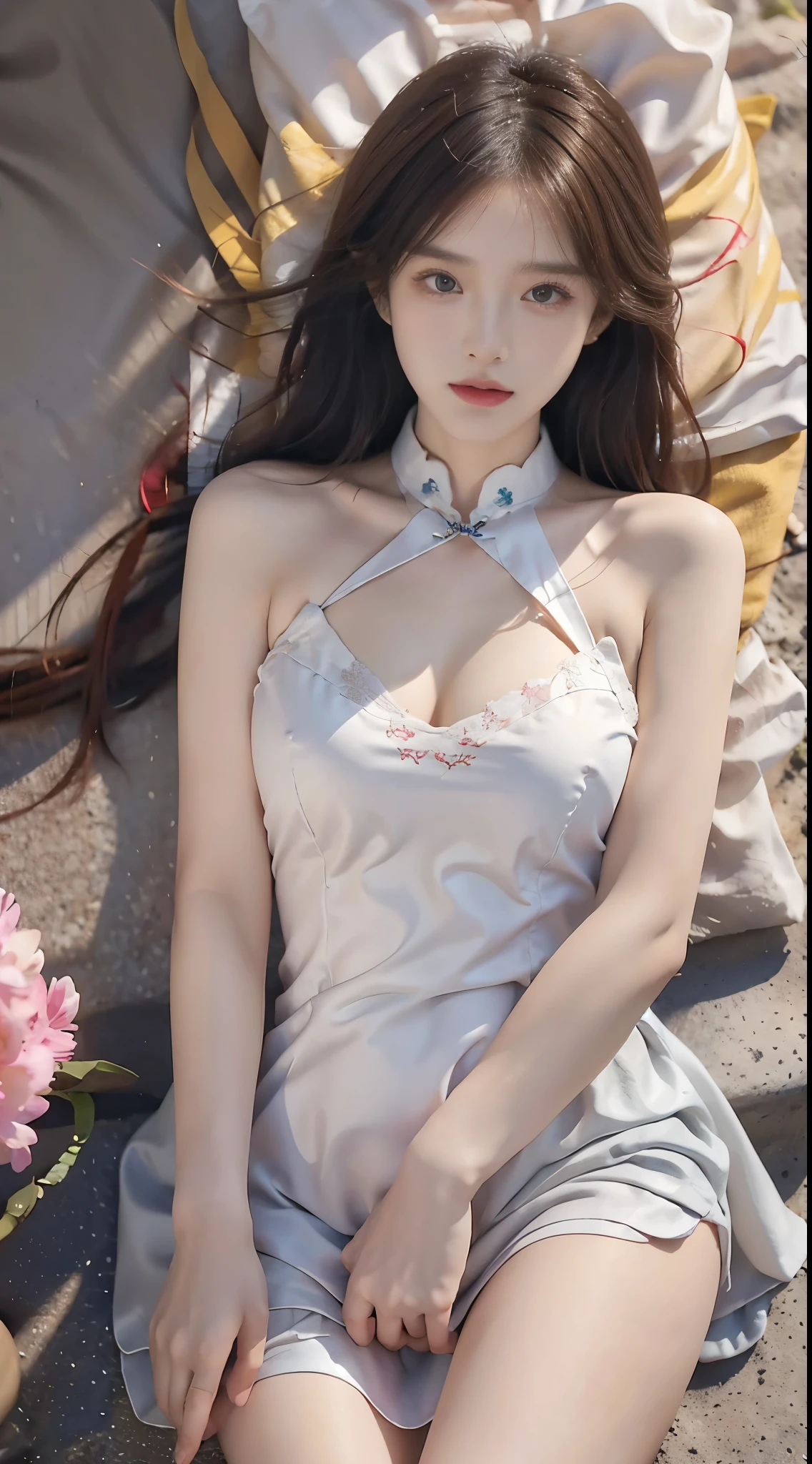 (genshin impact), (masterpiece, best quality:1.2), 1girl, solo, ((bare shoulders)), (actual:1.37), ((lying on a beach)), ((Bird's eye view shot)), Sweet maiden, beautiful妆容, Exquisite makeup, Extremely beautiful eyes, long hair, curls, slim body, ((big breasts, Big breasts, cleavage)), Sexy slender legs, The skirt is short, Leaking sexy legs, elegant posture, Dynamic posing, best quality, correct, correct的手, correct的腿, 解剖学correct, official art, complex, detail的脸, detail, lifelike, Very detailed, amazing, beautiful, Young and energetic, Charming model, Meticulous CG Uniform 8k wallpaper