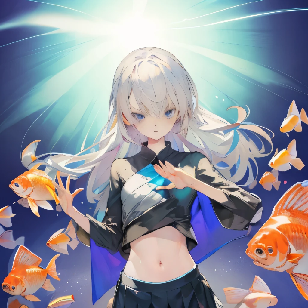 an anime drawing of a woman leaning back with hands out in the air, 1girl, foreshortening, blue eyes, solo, white hair, midriff, skirt, navel, sketch, long hair,masterpiece,Panoramas with fisheye distortion predate photography