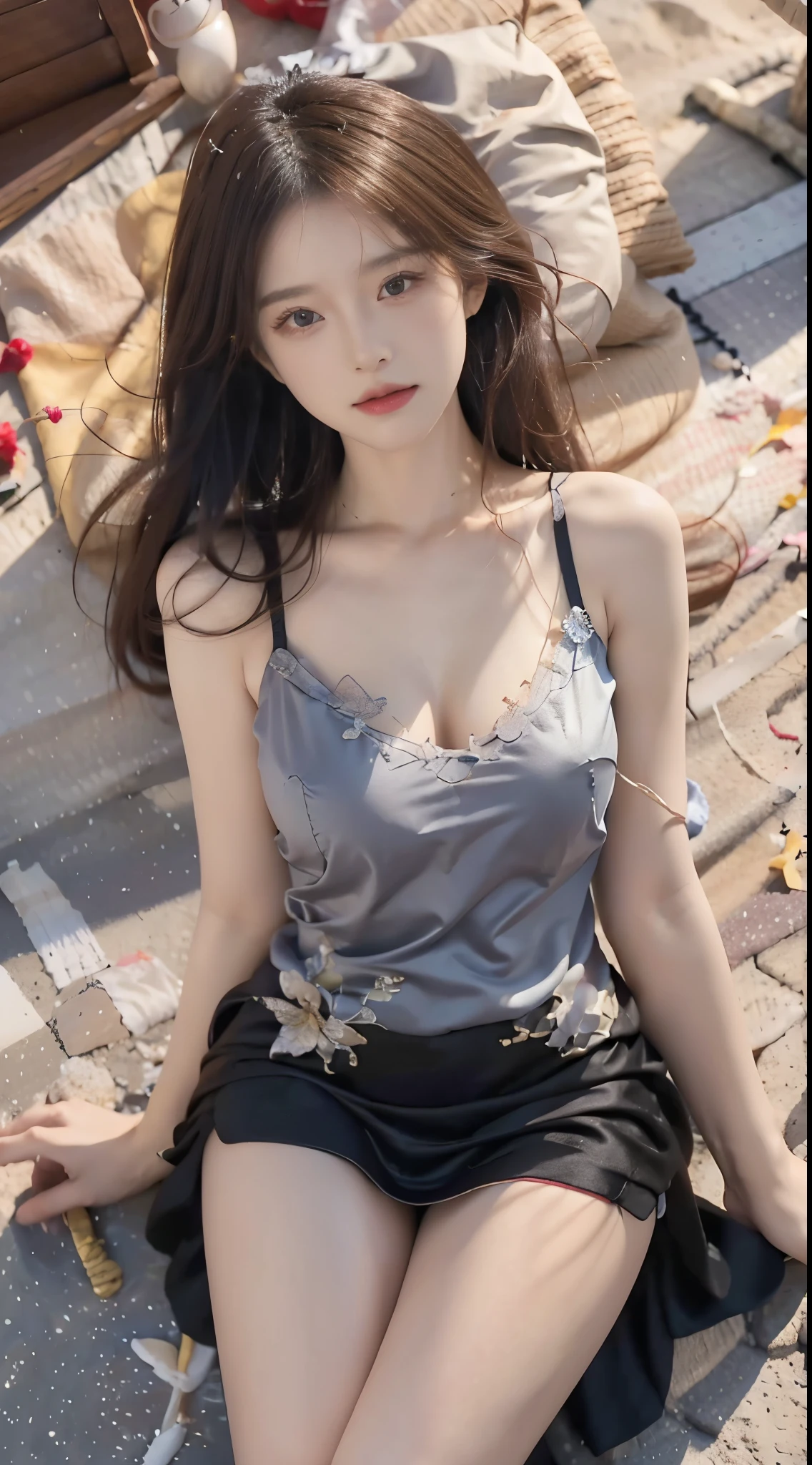 (genshin impact), (masterpiece, best quality:1.2), 1girl, solo, ((bare shoulders)), (actual:1.37), ((lying on a beach)), ((Bird's eye view shot)), Sweet maiden, beautiful妆容, Exquisite makeup, Extremely beautiful eyes, long hair, curls, slim body, ((big breasts, Big breasts, cleavage)), Sexy slender legs, The skirt is short, Leaking sexy legs, elegant posture, Dynamic posing, best quality, correct, correct的手, correct的腿, 解剖学correct, official art, complex, detail的脸, detail, lifelike, Very detailed, amazing, beautiful, Young and energetic, Charming model, Meticulous CG Uniform 8k wallpaper
